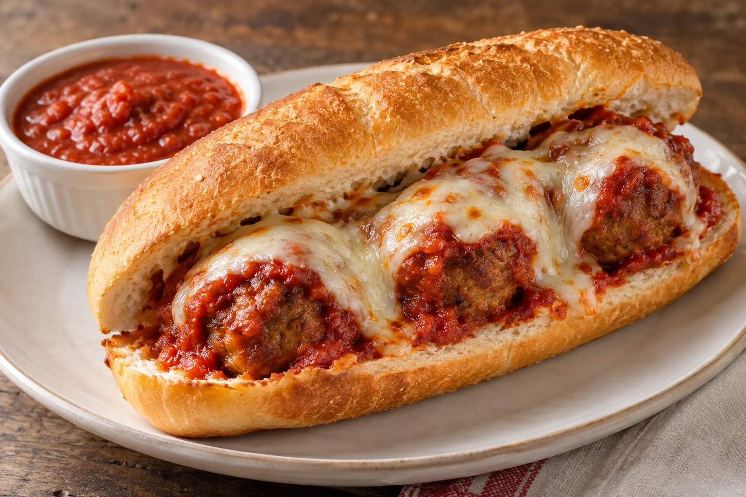A toasted Italian roll holds marinara-coated meatballs under melted provolone with extra sauce alongside.