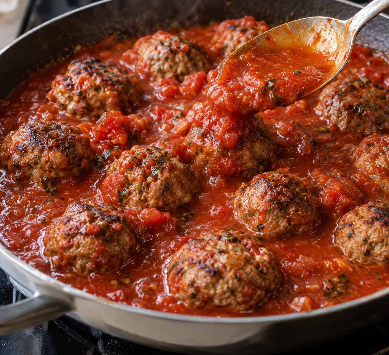 Browned beef-and-pork meatballs simmer in marinara before being placed in toasted rolls.