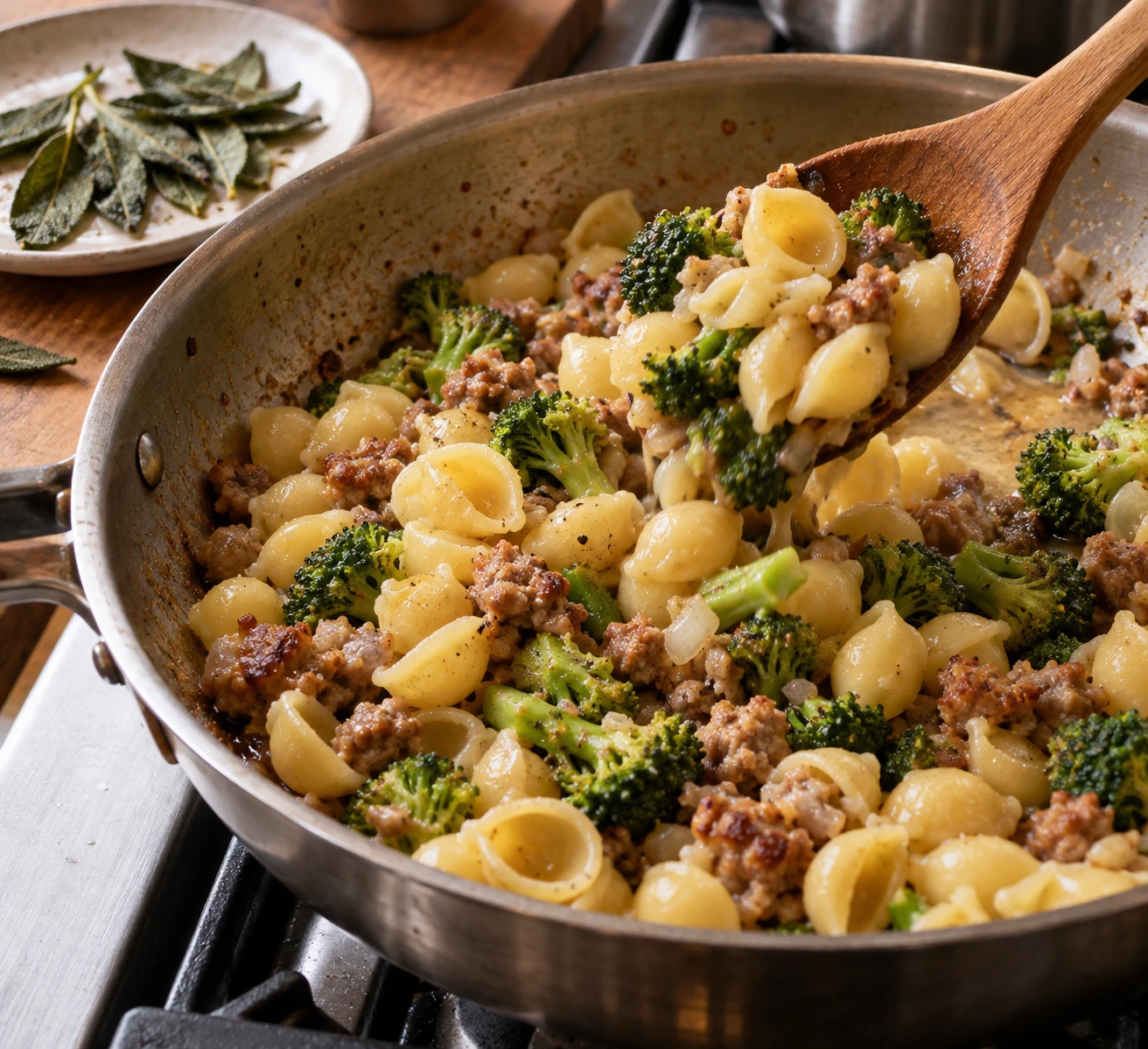 Shell pasta and broccoli are tossed with sausage in a skillet beside crisp sage leaves.