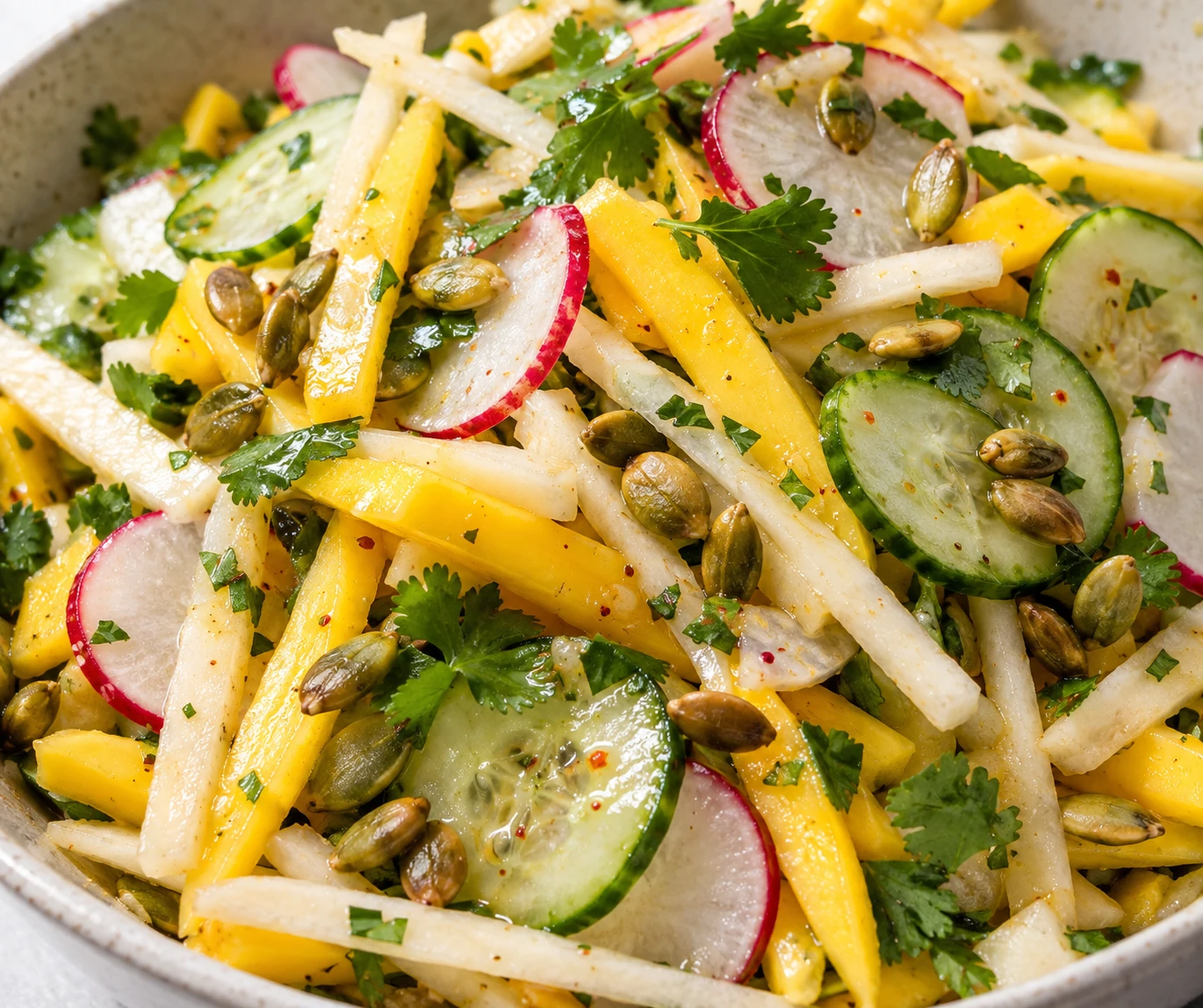 Toasted pepitas and cilantro rest on the crisp vegetables and mango with a light lime dressing.