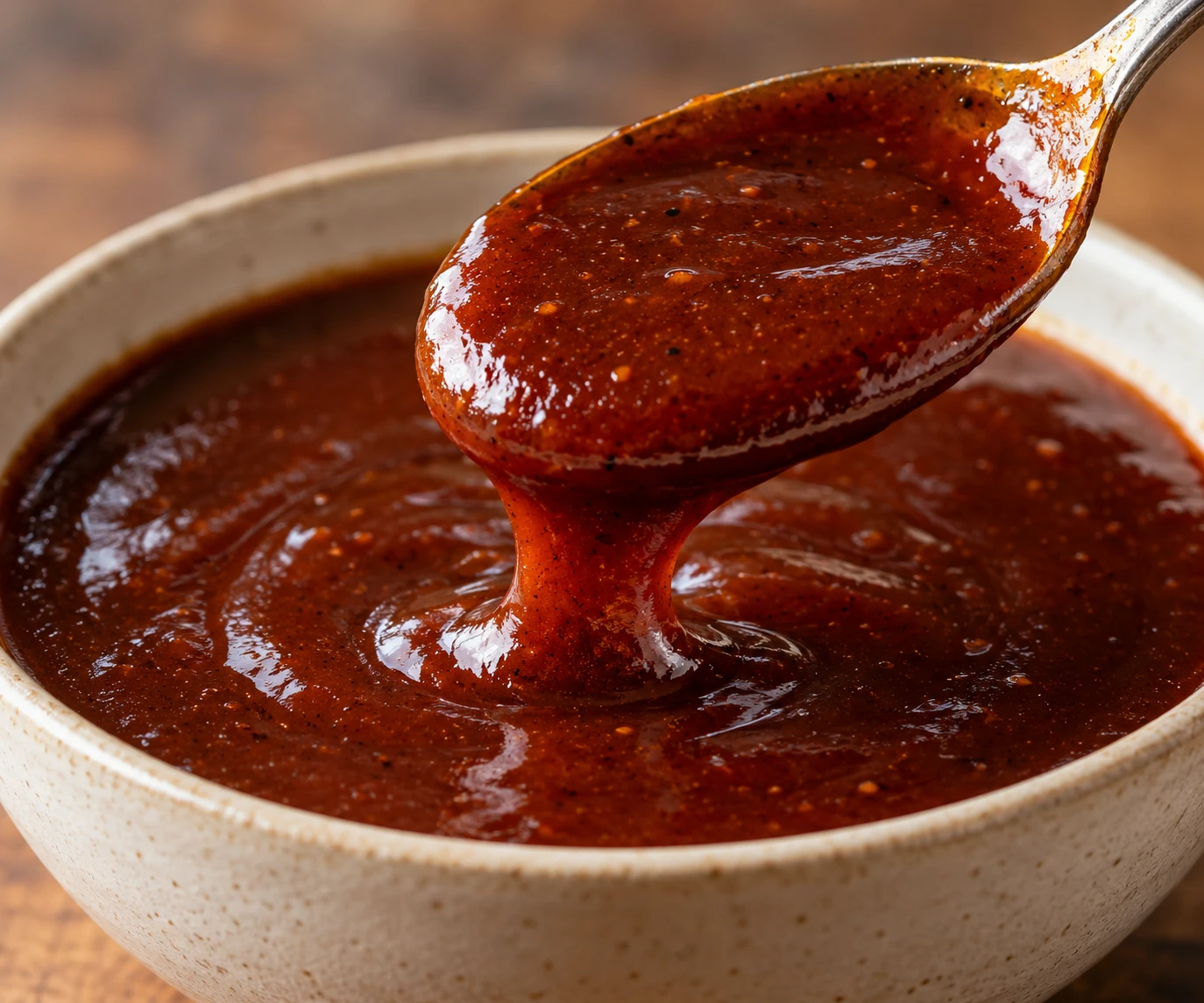Thick reddish-brown barbecue sauce coats the back of a spoon with a glossy sheen.