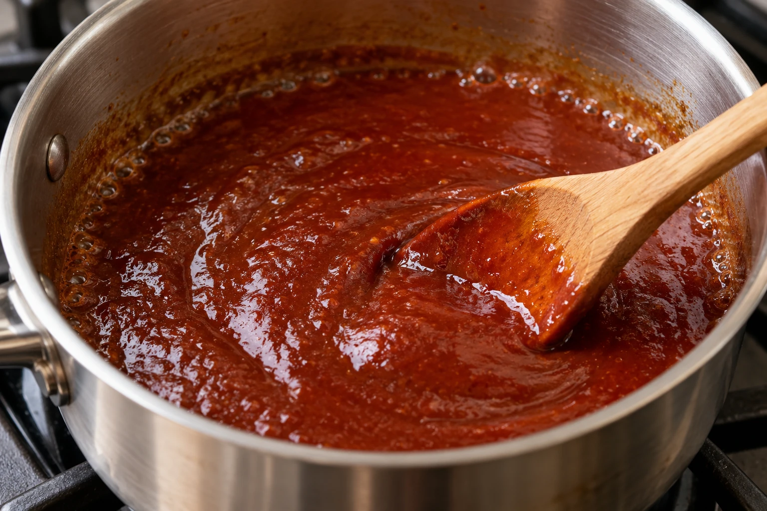 A spoon stirs gently bubbling tomato barbecue sauce in a saucepan.