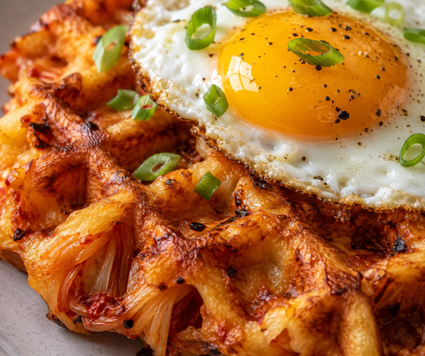 A soft yolk and crisp cheese-flecked waffle ridges show the finished texture.