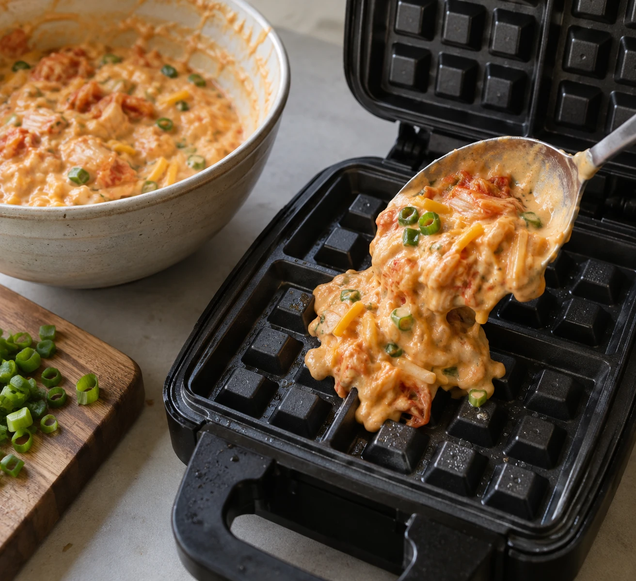 A spoonful of kimchi, cheddar, and scallion batter is added to a hot waffle iron.