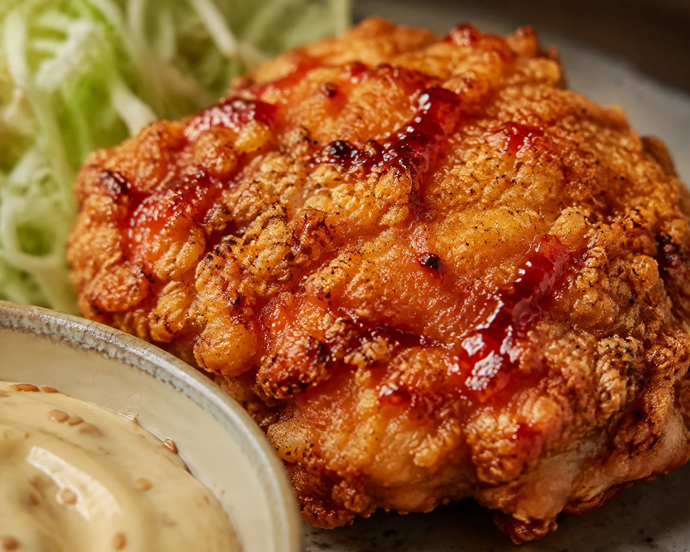 Thin gochujang glaze highlights the golden craggy crust beside sesame-lime mayo and shredded cabbage.