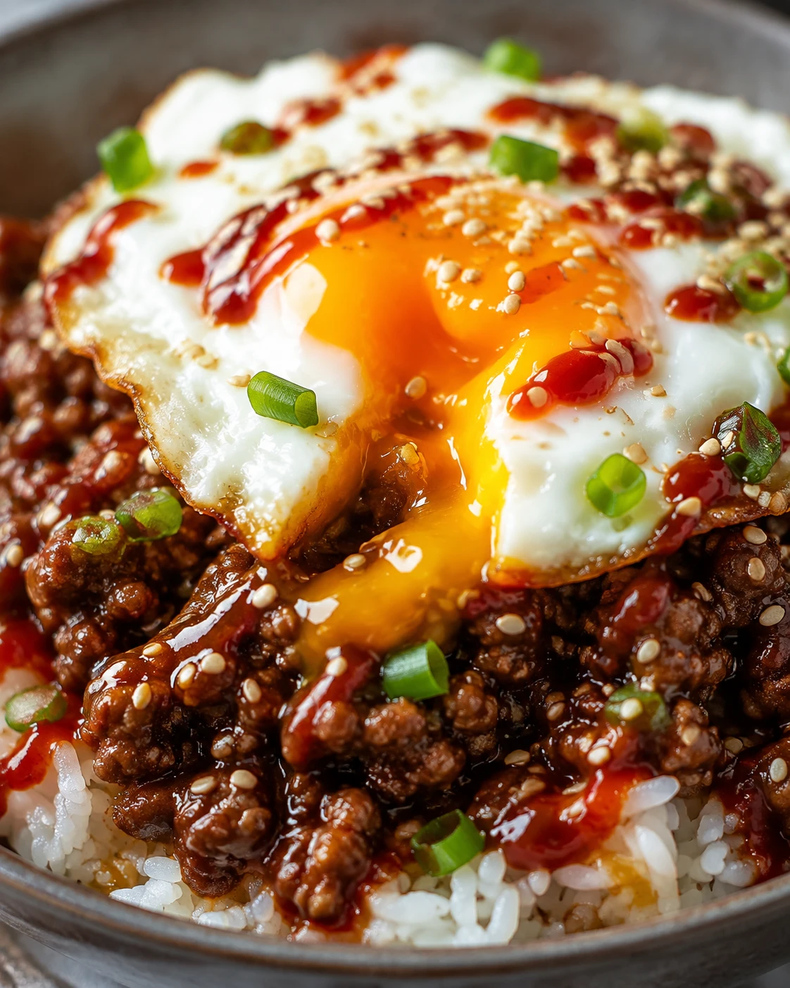 Runny fried egg yolk enriches glossy Korean ground beef and rice with creamy gochujang sauce.