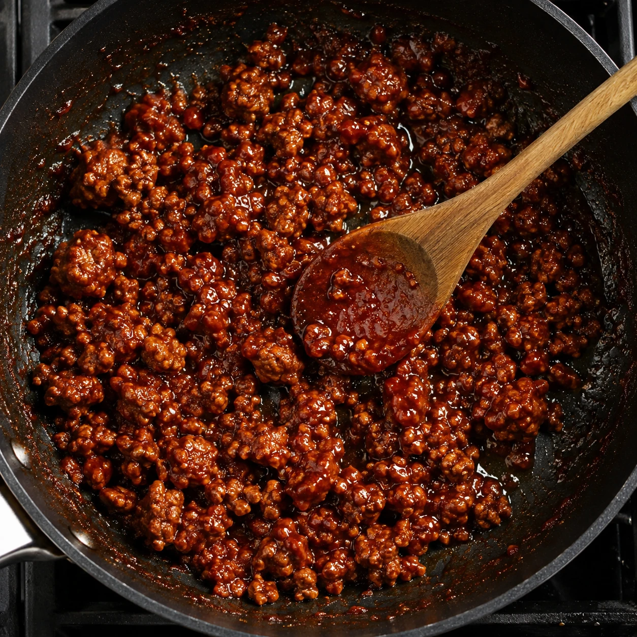 Ground beef crumbles reduce in a glossy gochujang glaze in a skillet with a wooden spoon.