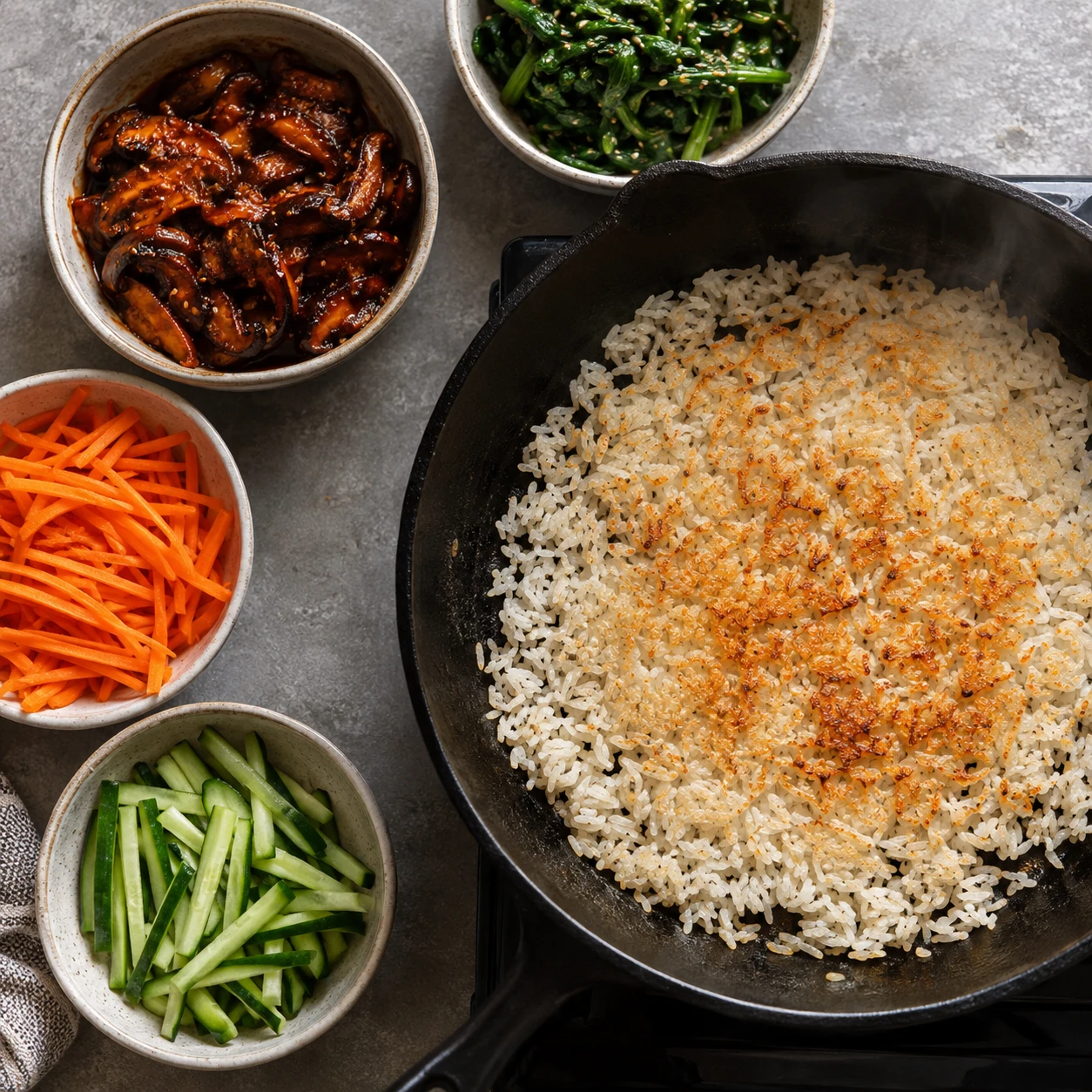 Rice forms a golden crust in a cast-iron skillet beside separate prepared bibimbap vegetables.