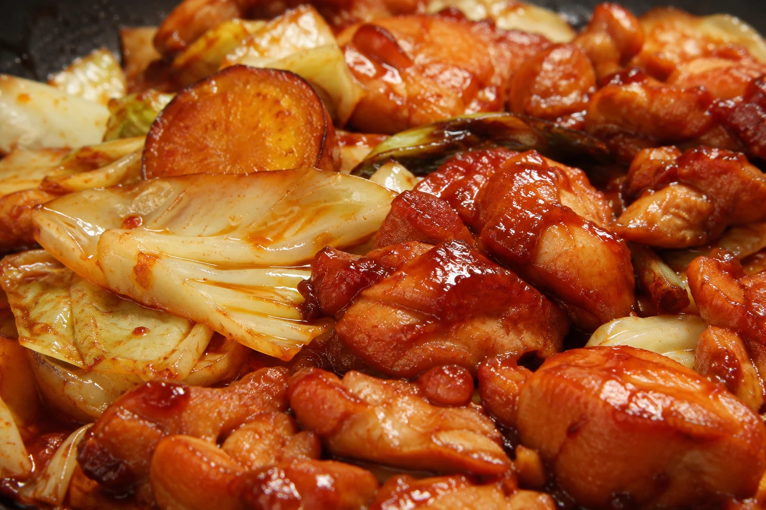 Glossy red chicken, tender cabbage, and sweet potato show finished dakgalbi texture.