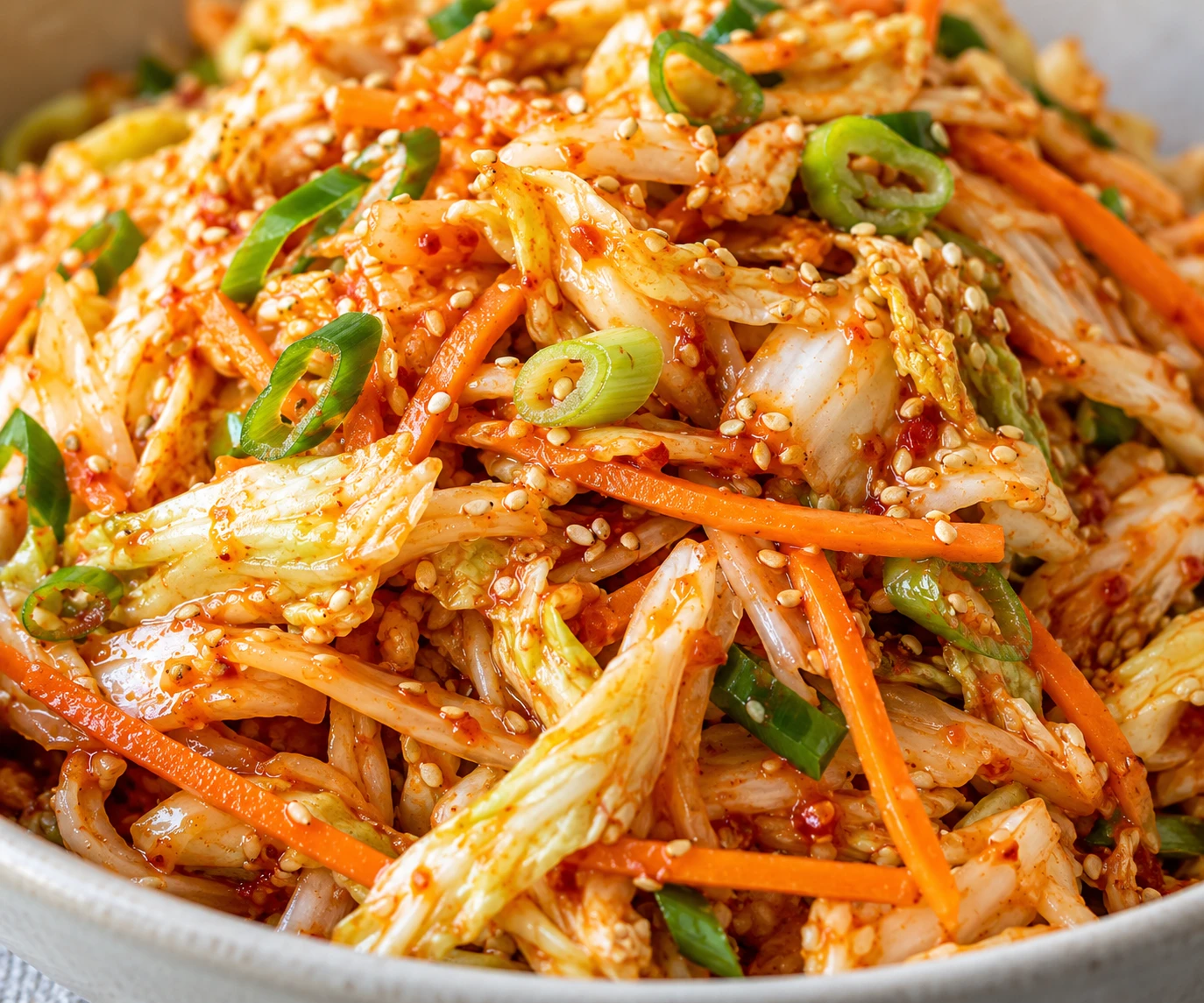 A close view shows glossy cabbage ribbons, carrot, scallion rings, and toasted sesame seeds.