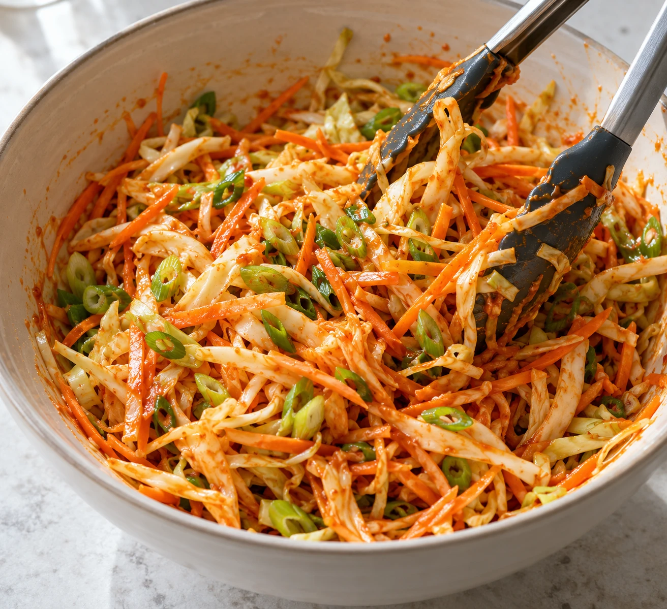 Salad tongs toss shredded cabbage, carrot, and scallions with a thin coating of red dressing in a mixing bowl.