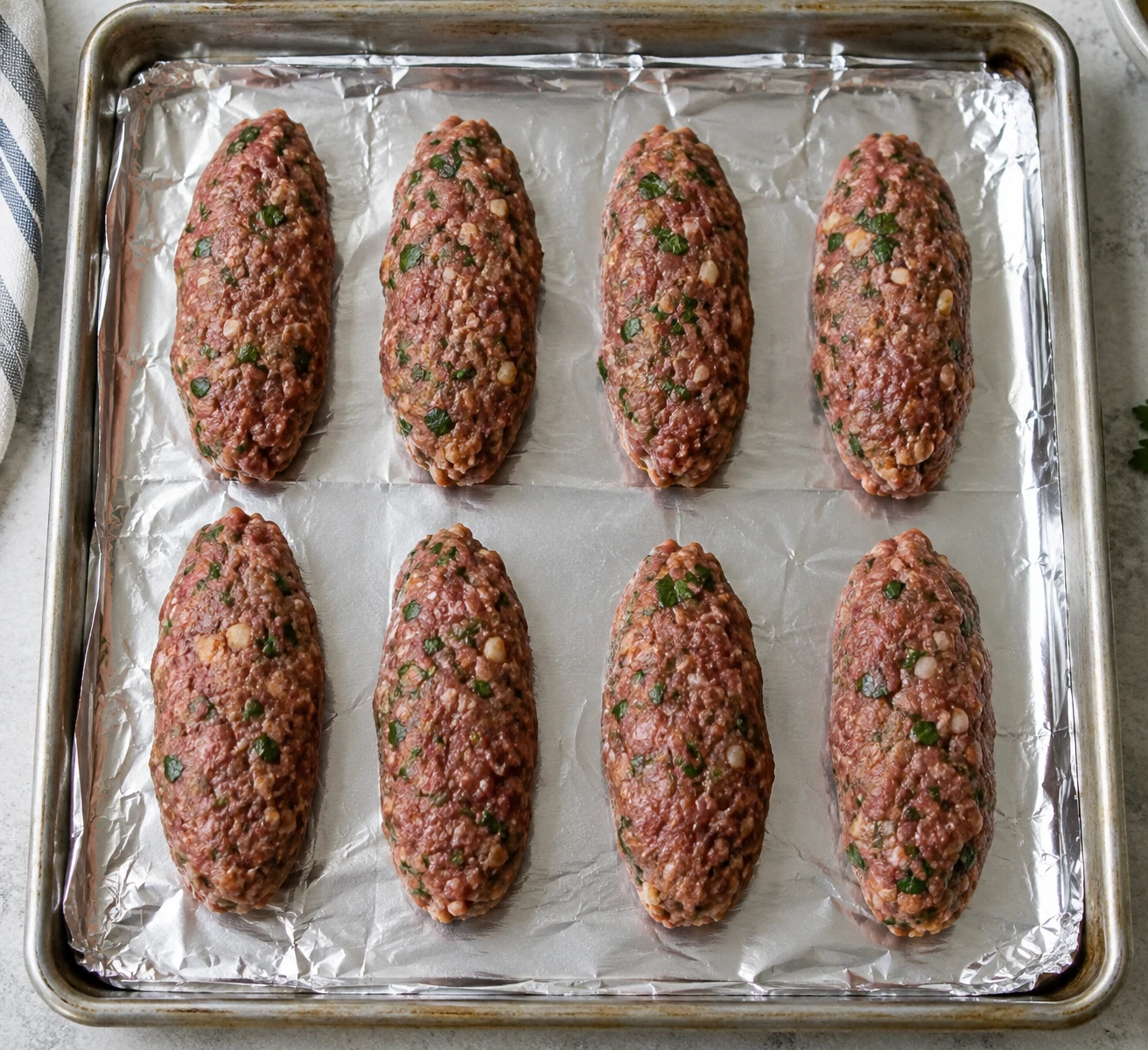 Eight parsley-flecked lamb kofta patties are spaced on a foil-lined sheet pan before broiling.