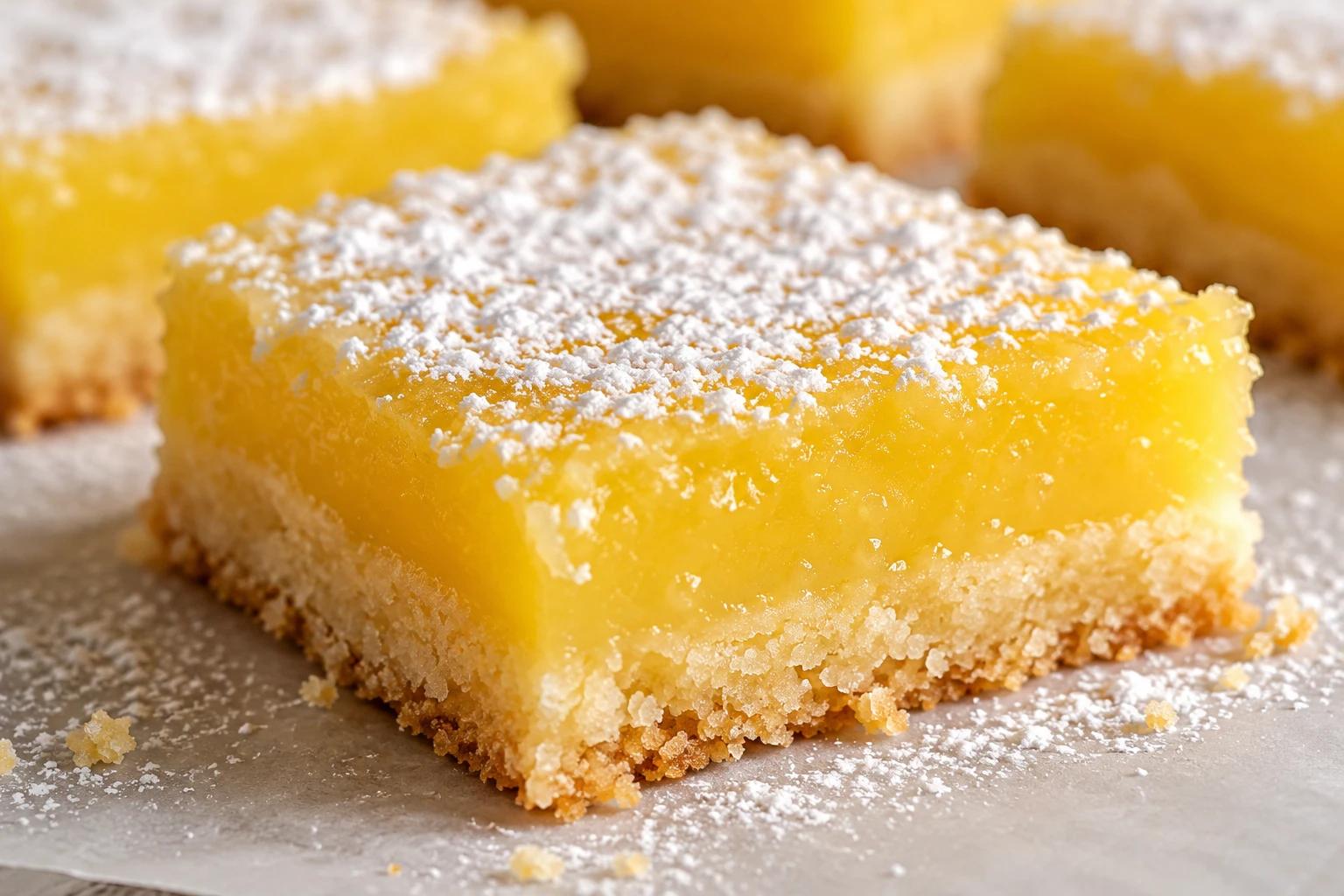 The cut edge reveals a smooth lemon layer set over a delicate, buttery shortbread base.