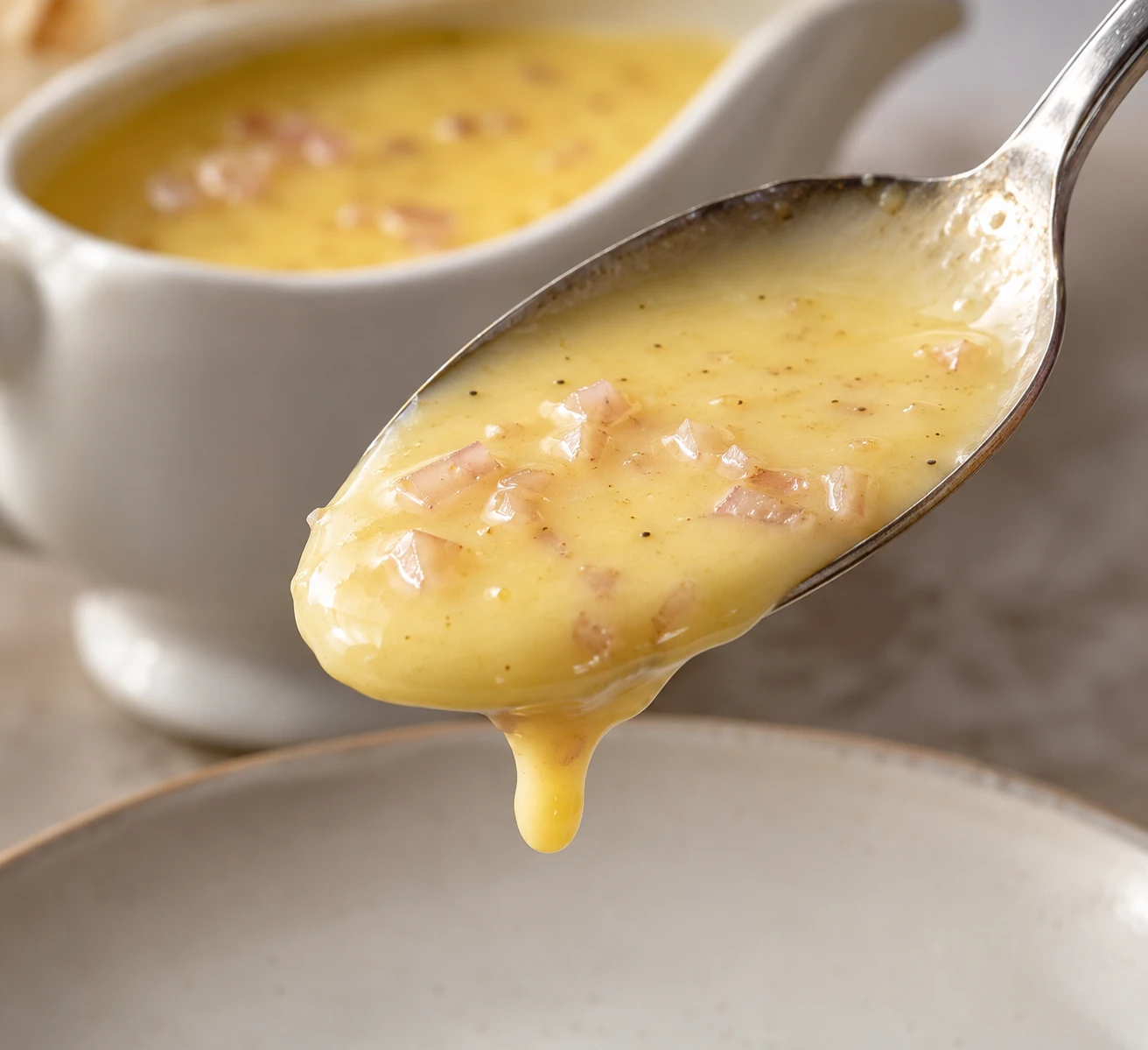 Smooth lemon butter sauce coats a spoon, with tiny shallot pieces suspended in the glossy emulsion.