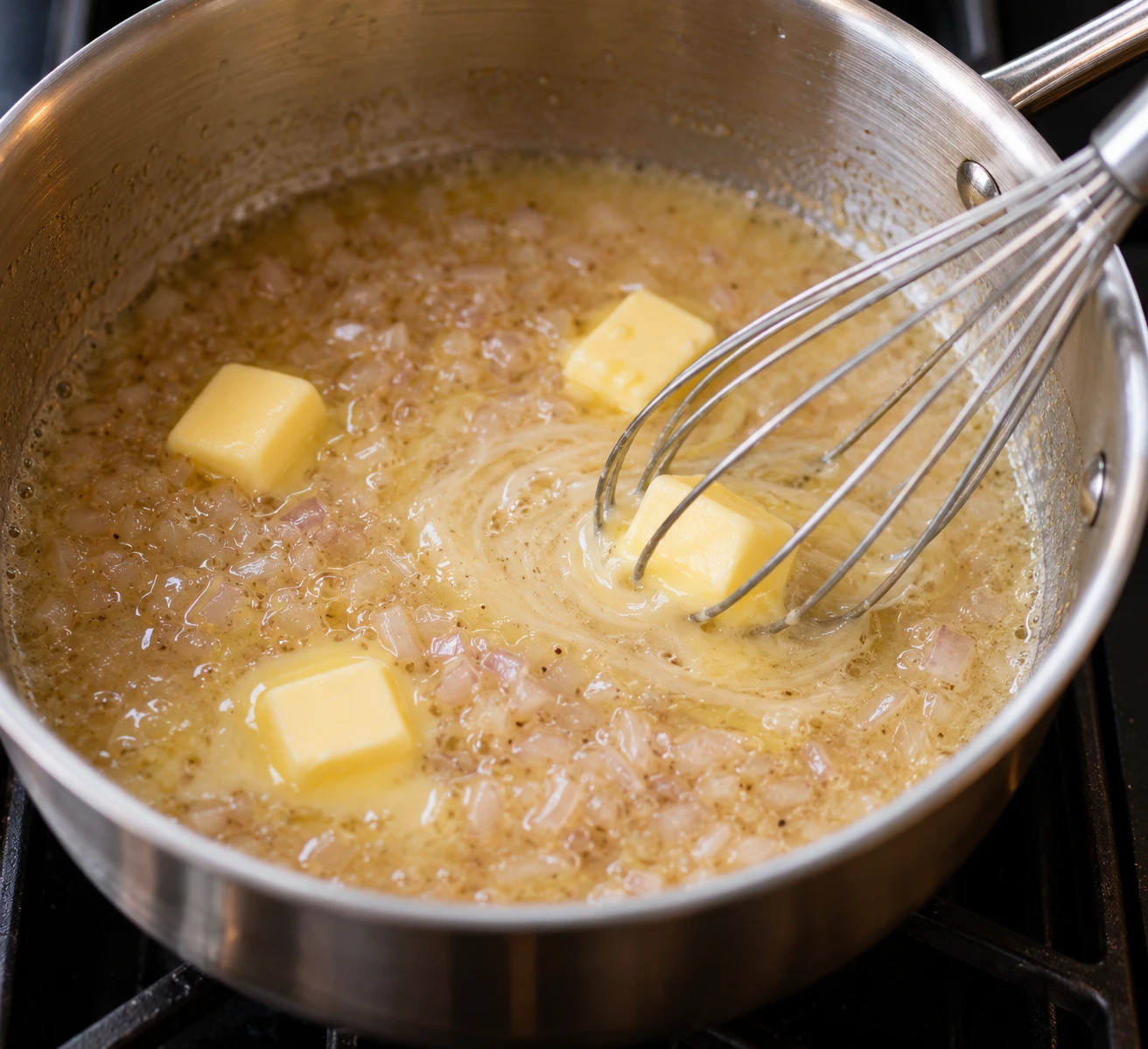 Cold butter cubes are whisked into a shallow shallot and wine reduction in a saucepan.