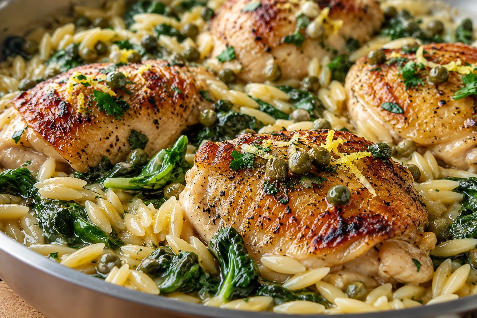 Close view of glossy lemon orzo with capers and spinach beside browned chicken.
