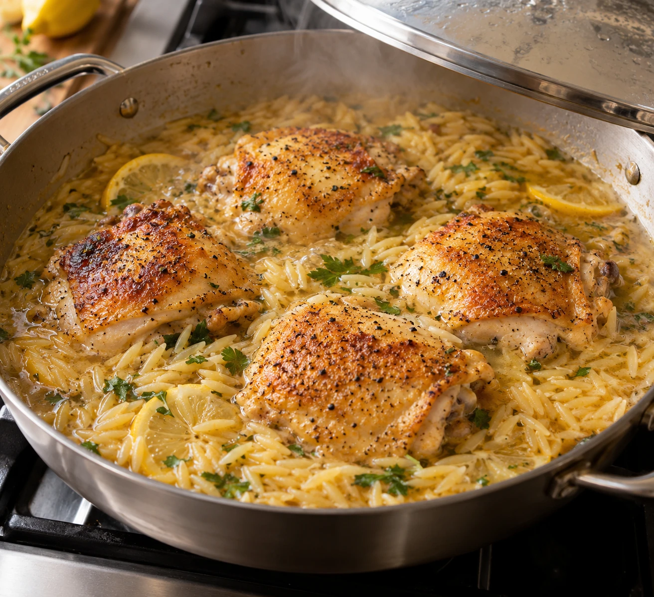 Chicken thighs simmer with toasted orzo in lemony stock in a wide skillet.