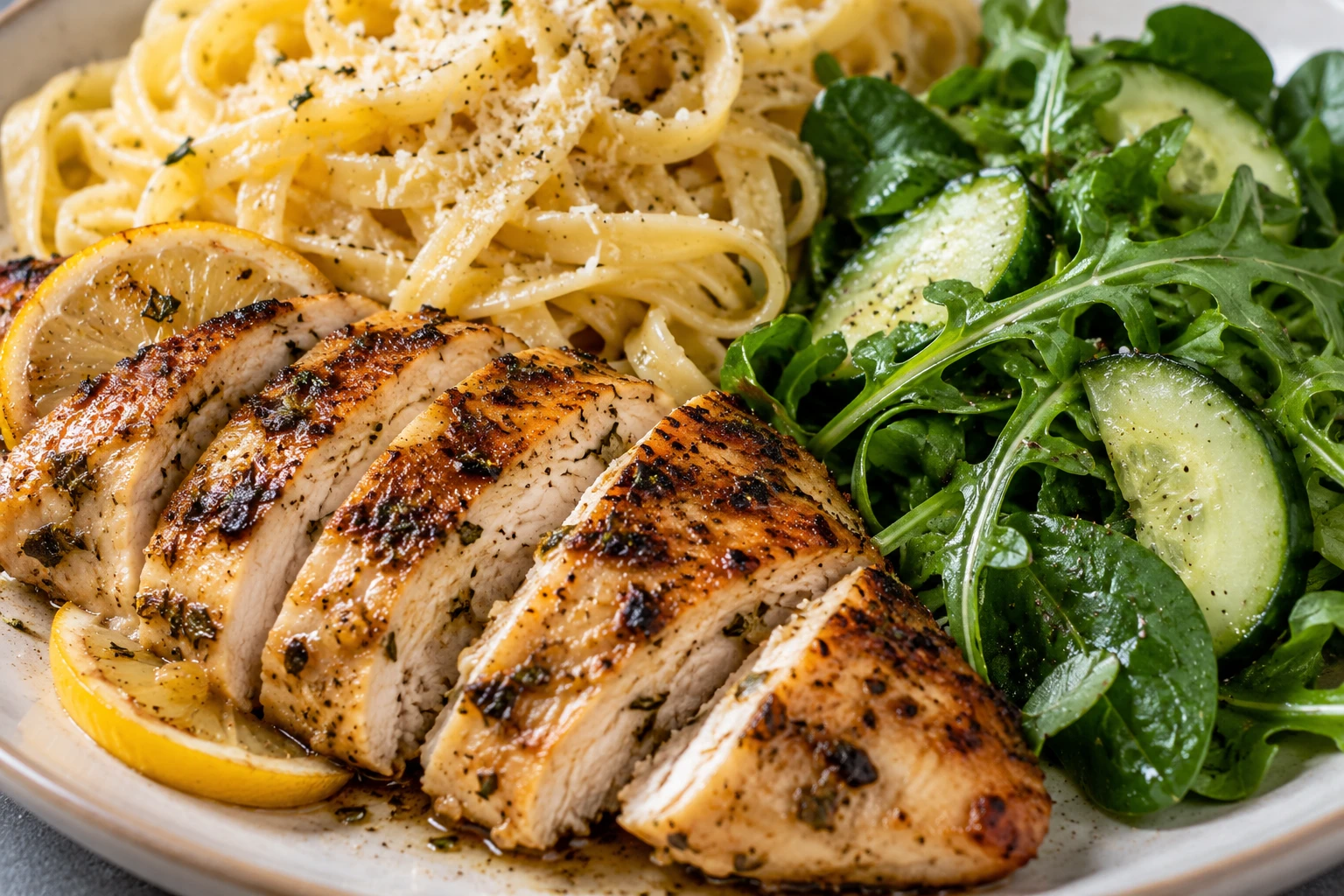 Juicy chicken, lemony fettuccine strands, and crisp cucumber are shown in close detail.