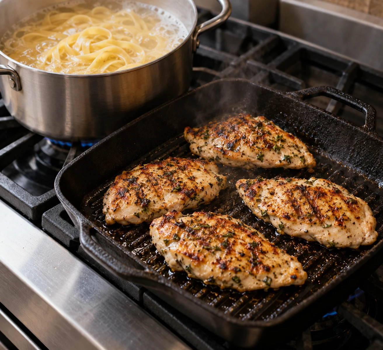 Lemon-herb chicken sears in a hot pan as fresh fettuccine cooks in salted water.