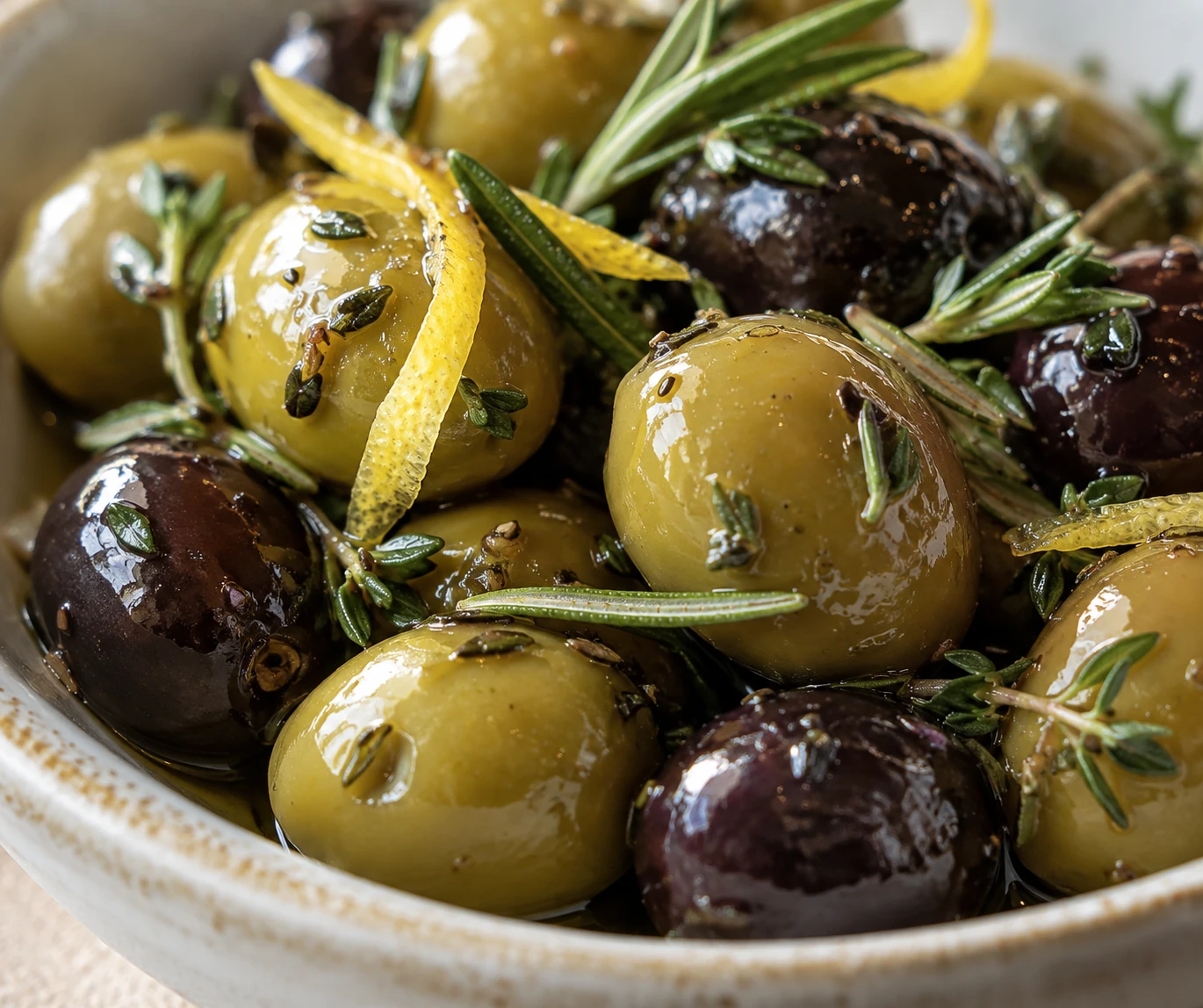 A close view shows glossy olives, lemon zest, rosemary, and thyme in golden oil.
