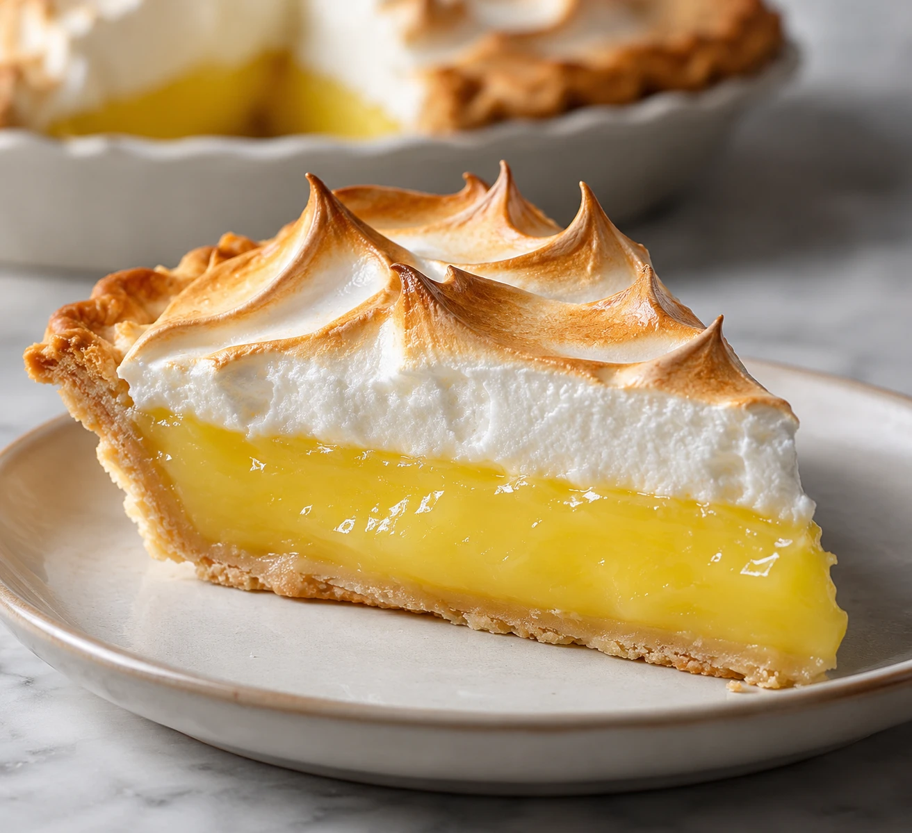 A slice shows a sharp lemon custard layer, crisp pastry base, and glossy meringue with lightly browned peaks.