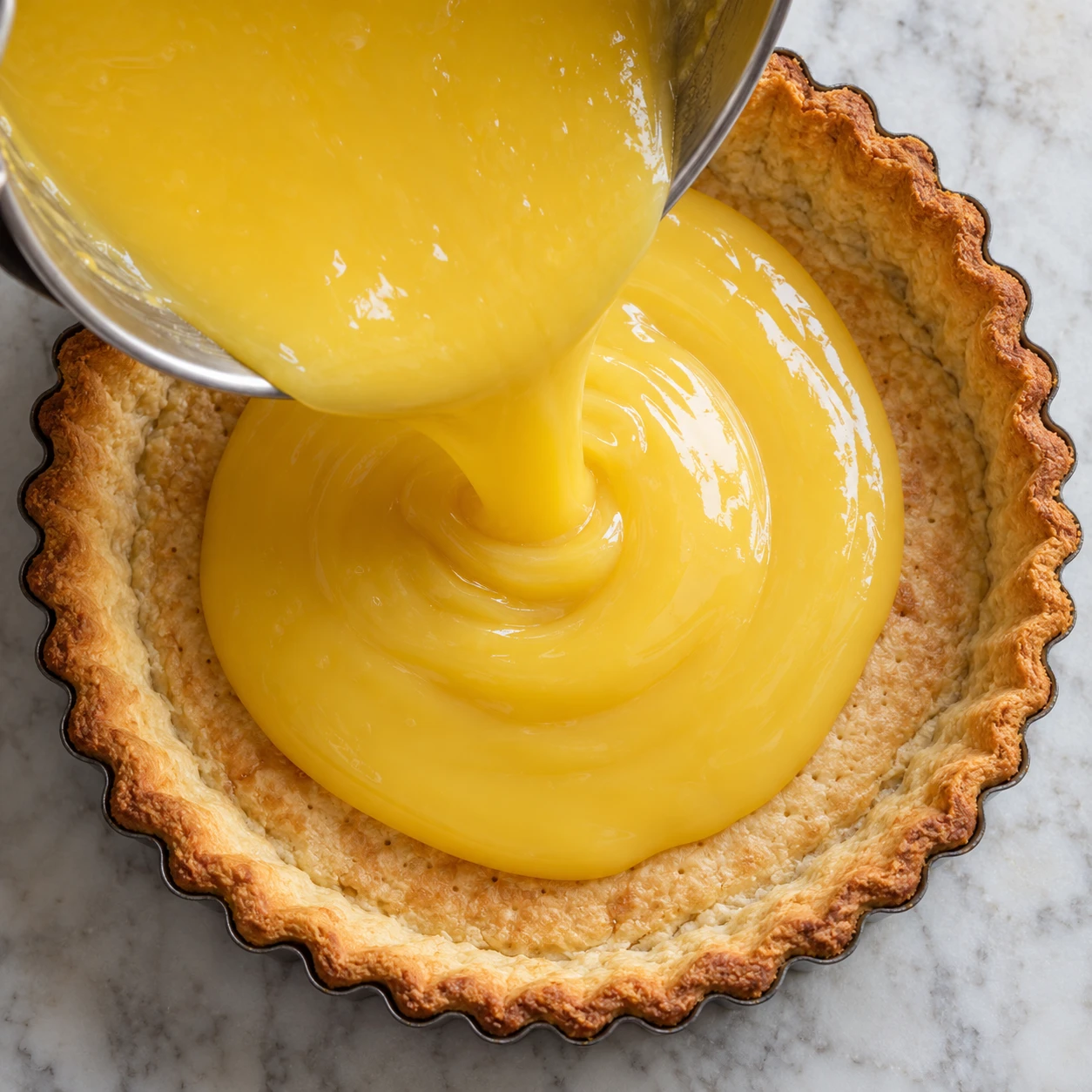 Glossy lemon filling is poured into a fully baked fluted pastry shell before the meringue topping is added.