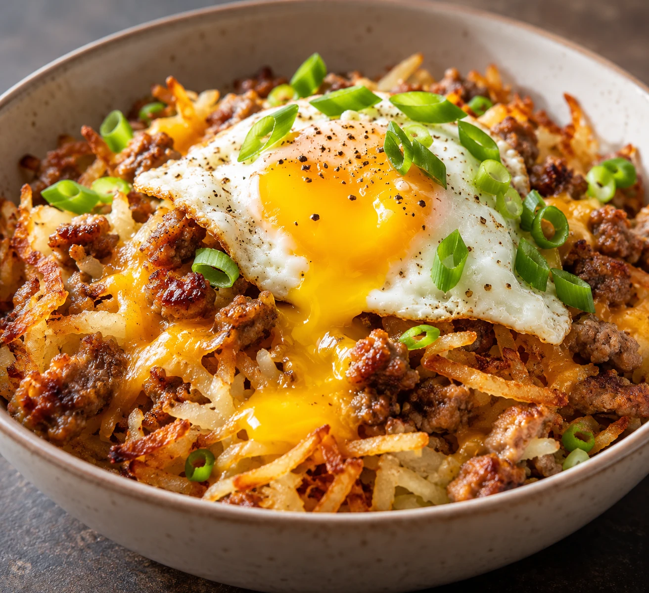 Golden hash brown shreds stay crisp beneath sausage, cheddar, a soft-yolk egg, and scallions.