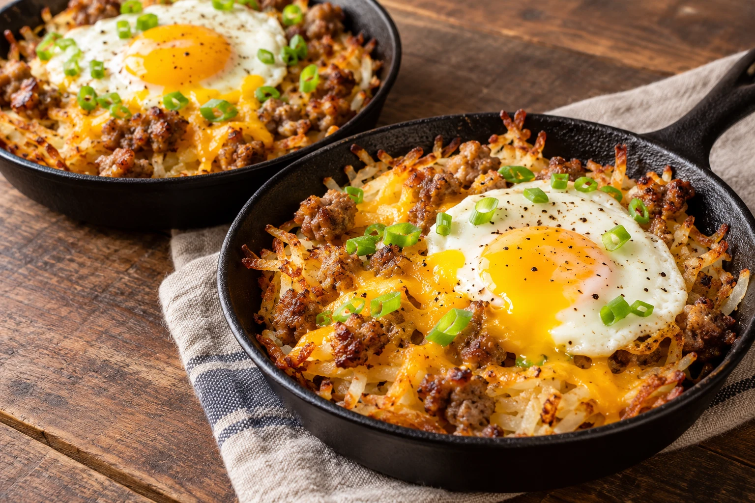 Two hash brown bowls hold browned sausage, cheddar, over-easy eggs, and sliced scallions.