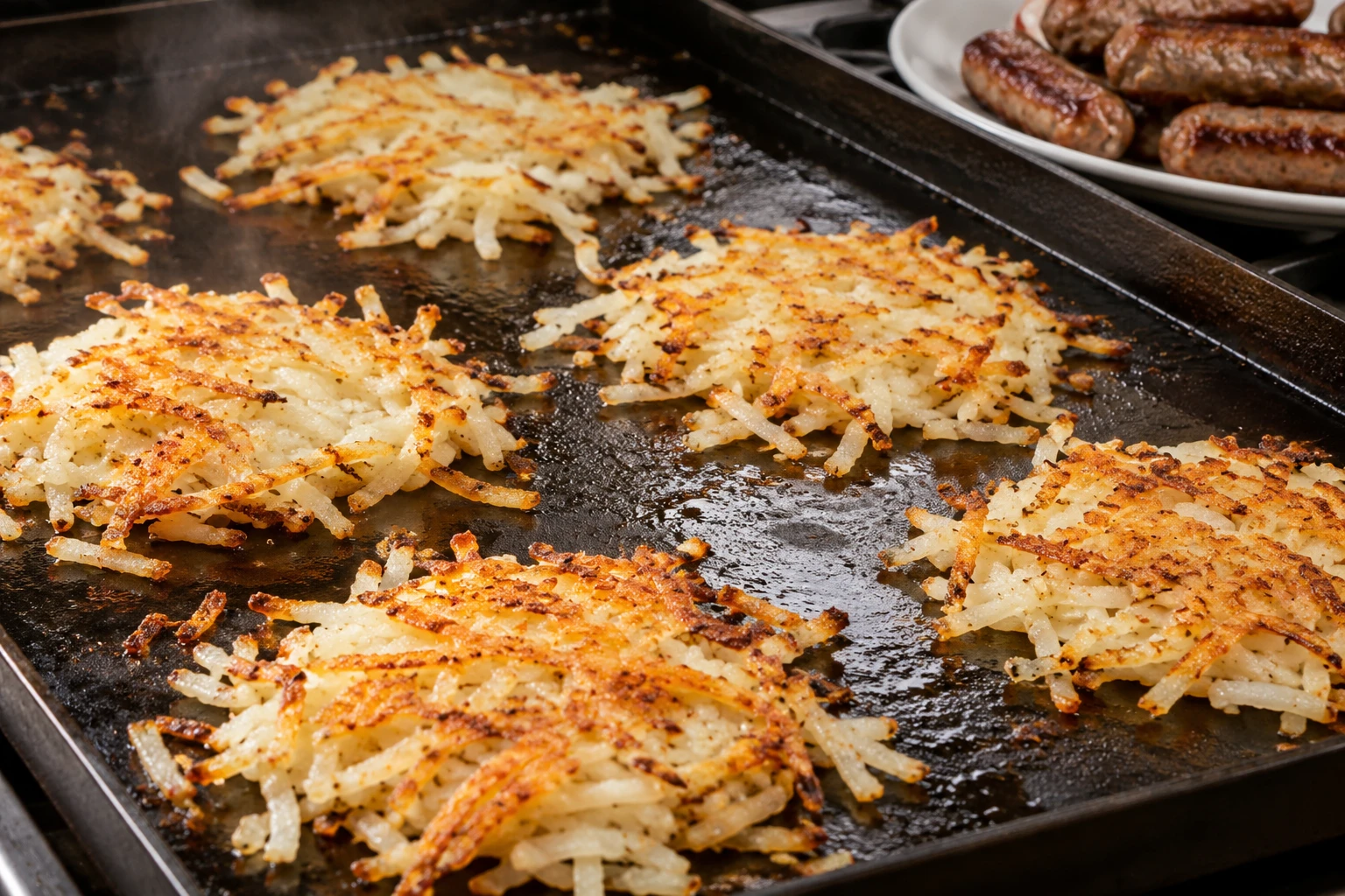 Hash browns crisp in a loose layer on a broad griddle beside a plate of browned sausage.