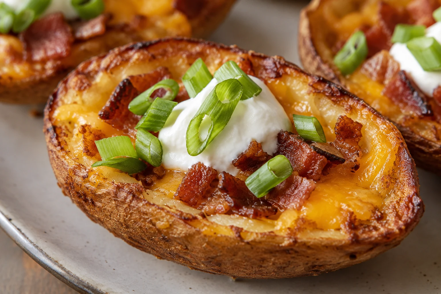 A crisp potato skin shows melted cheddar, browned bacon, sour cream, and sliced scallions in close detail.