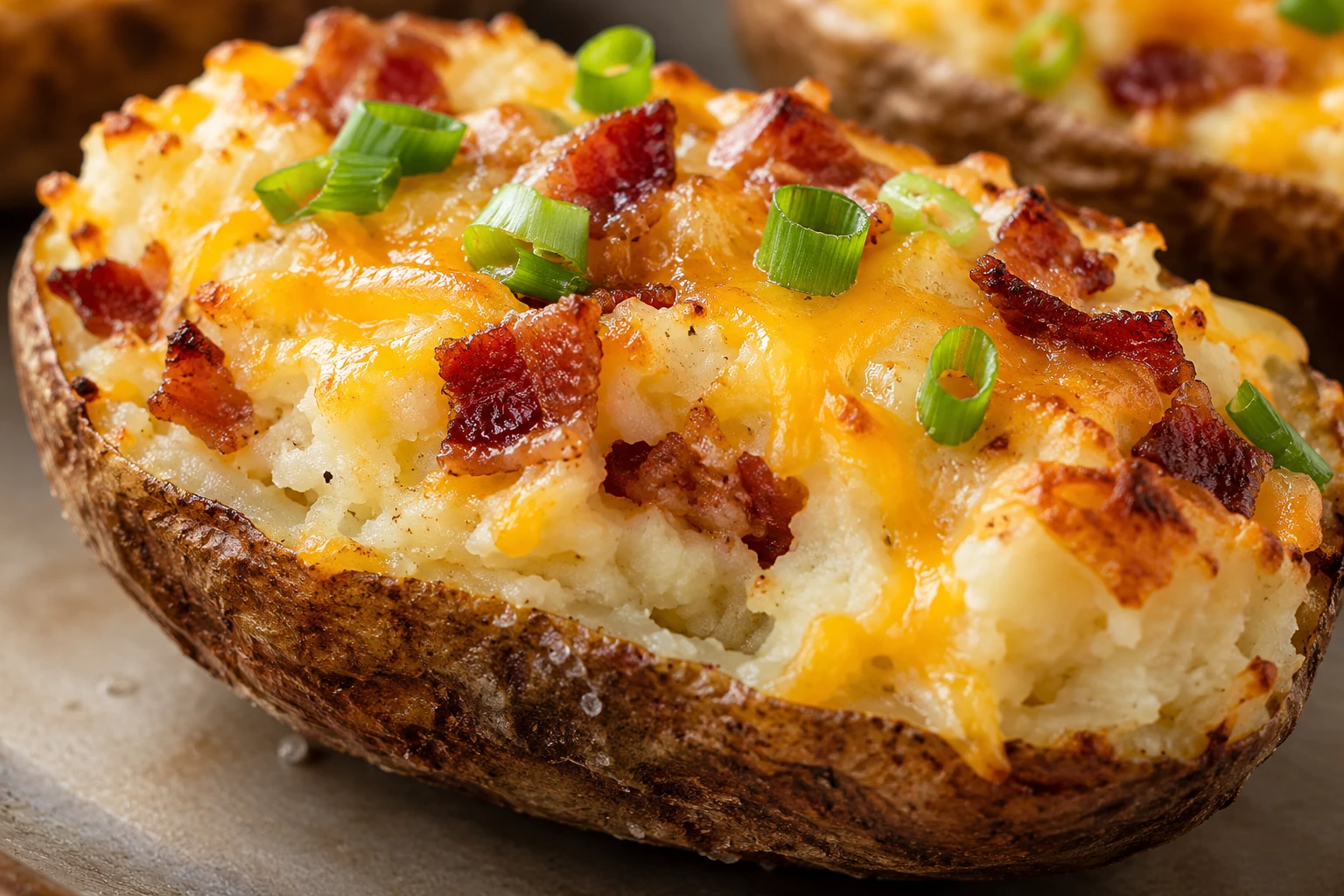 An open potato half reveals fluffy filling beneath melted cheddar, bacon, and scallion greens.