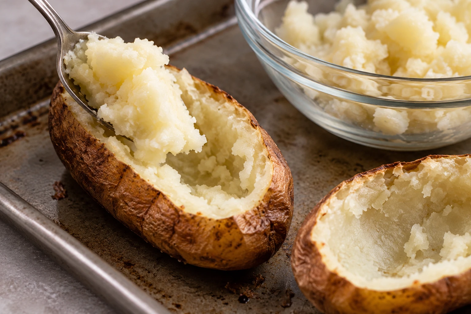A spoon lifts soft baked potato into a bowl while a thick layer remains inside the russet skin.