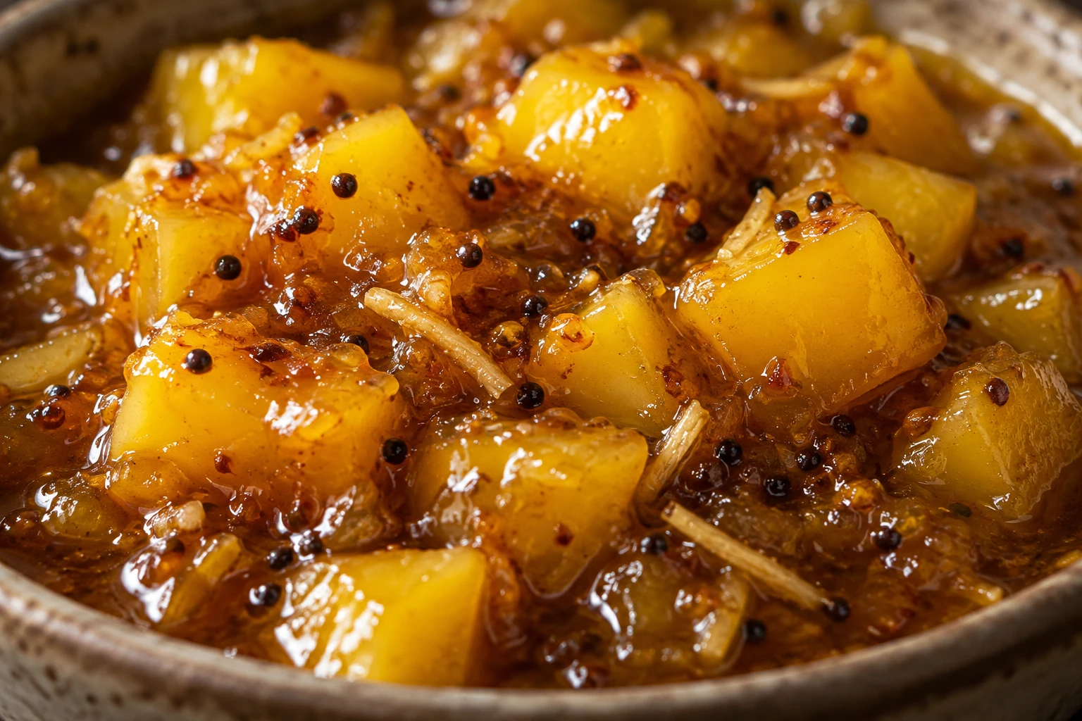 Tender mango cubes hold their shape in a glossy amber chutney with visible mustard seeds and ginger.