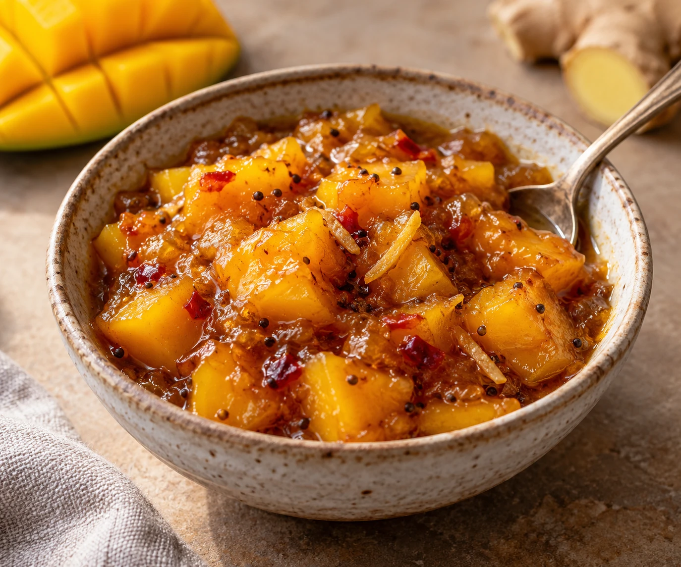 Glossy mango chutney with distinct golden fruit pieces, mustard seeds, ginger, and chile in a ceramic bowl.