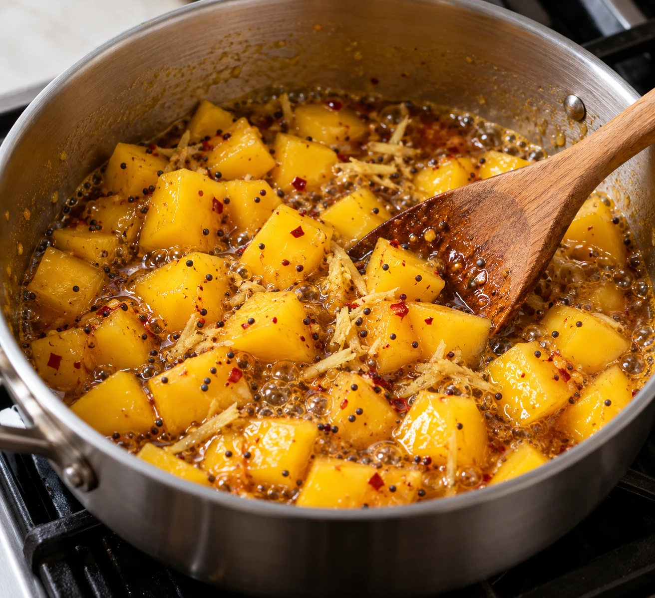 Mango cubes simmer gently in a spiced vinegar syrup as a wooden spoon folds the fruit.