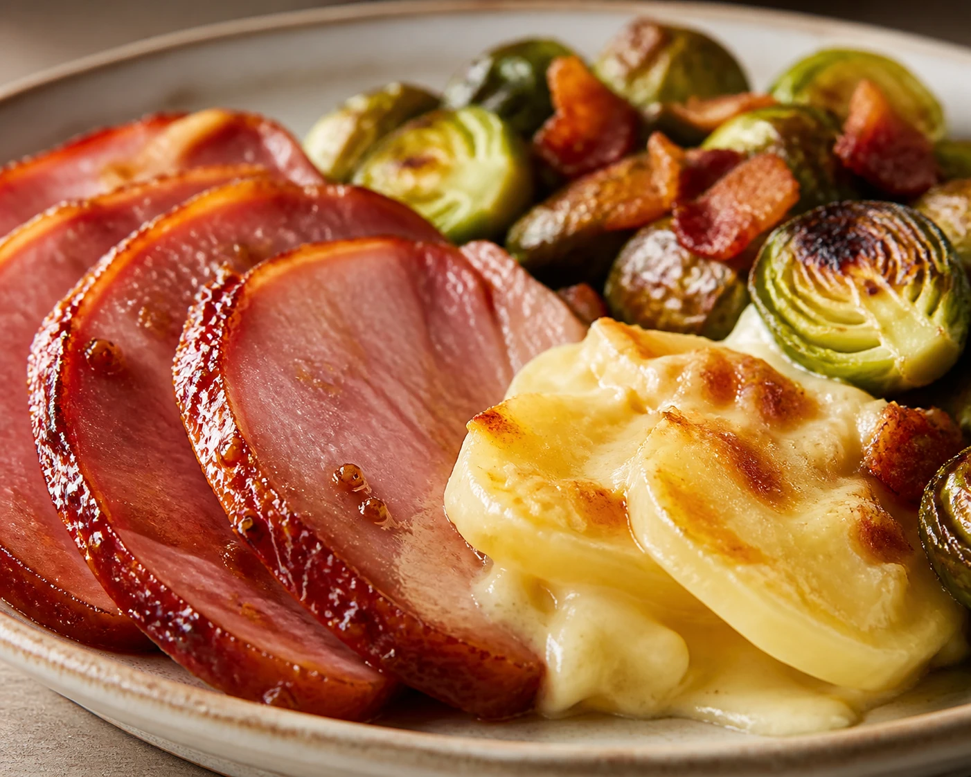 Glossy sliced ham beside browned scalloped potatoes and crisp Brussels sprouts