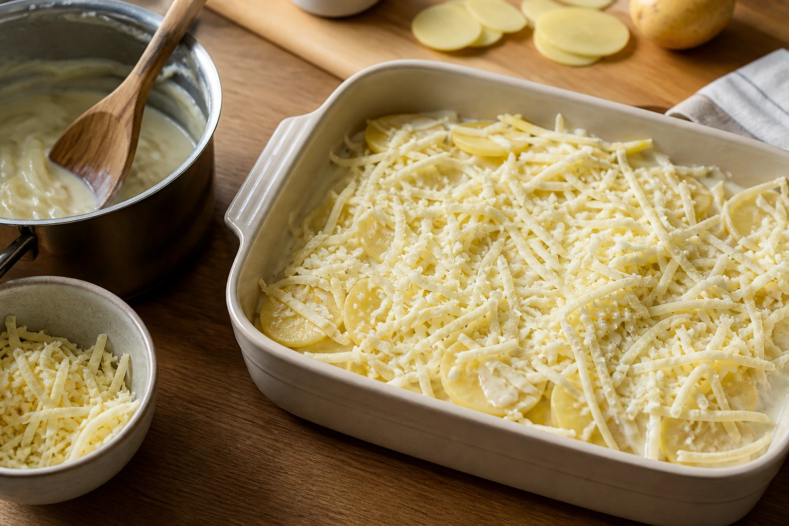 Thin potato slices layered with onion cream and Gruyere in a baking dish