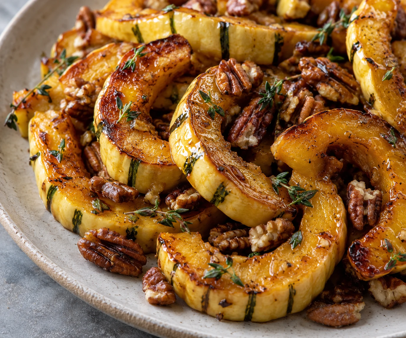 A close view shows glossy golden squash, tender edible skin, crisp pecans, and flecks of thyme.