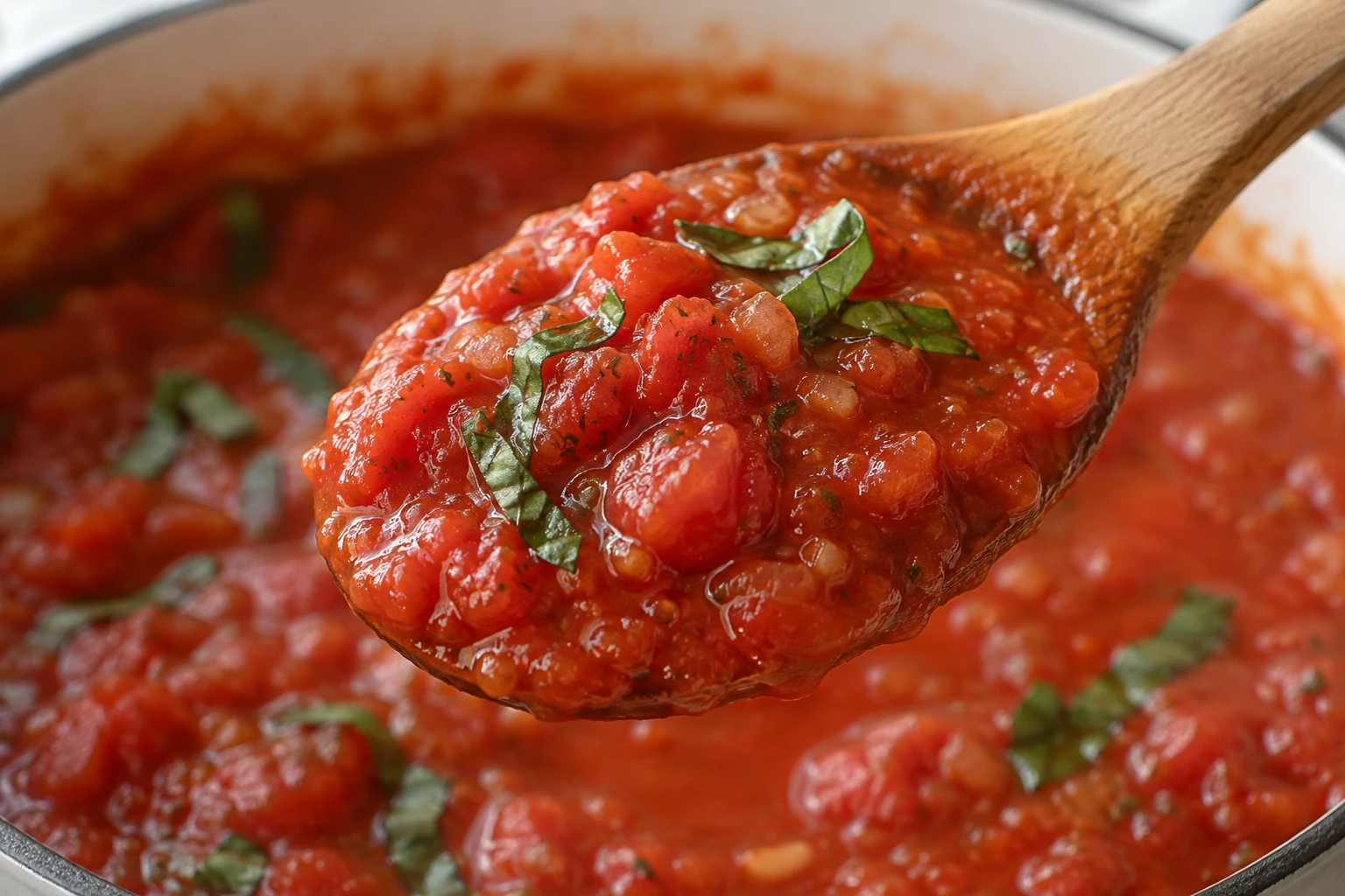 A spoon holds cohesive marinara with tender tomato pieces and fresh basil ribbons.