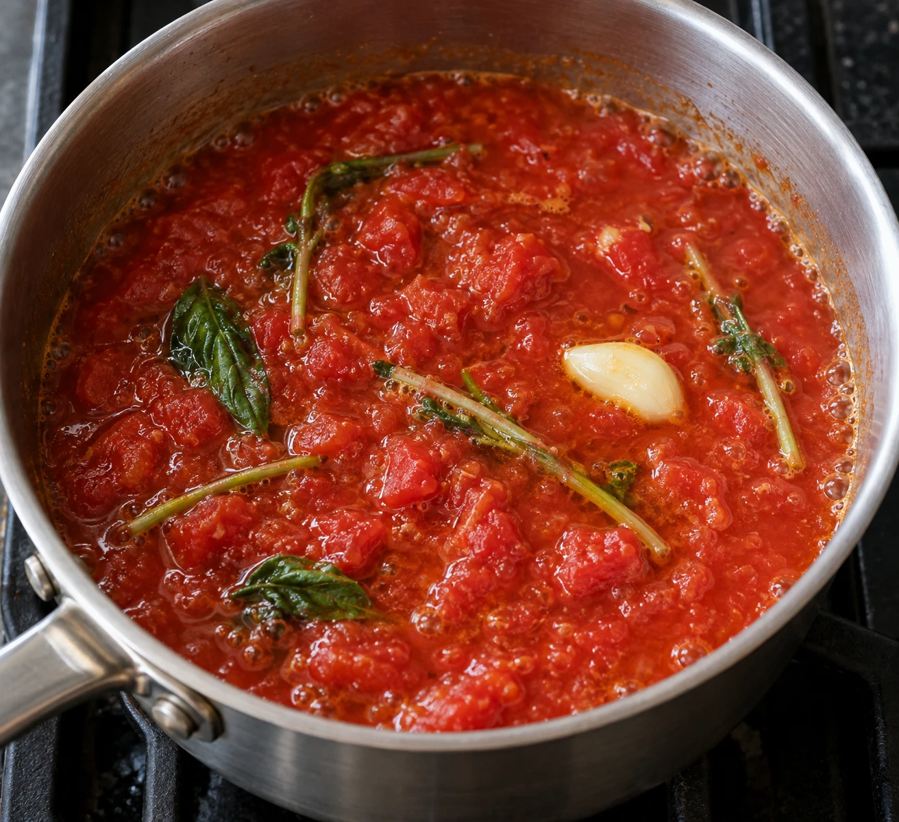 Crushed tomatoes simmer gently with basil stems in garlic-scented olive oil.