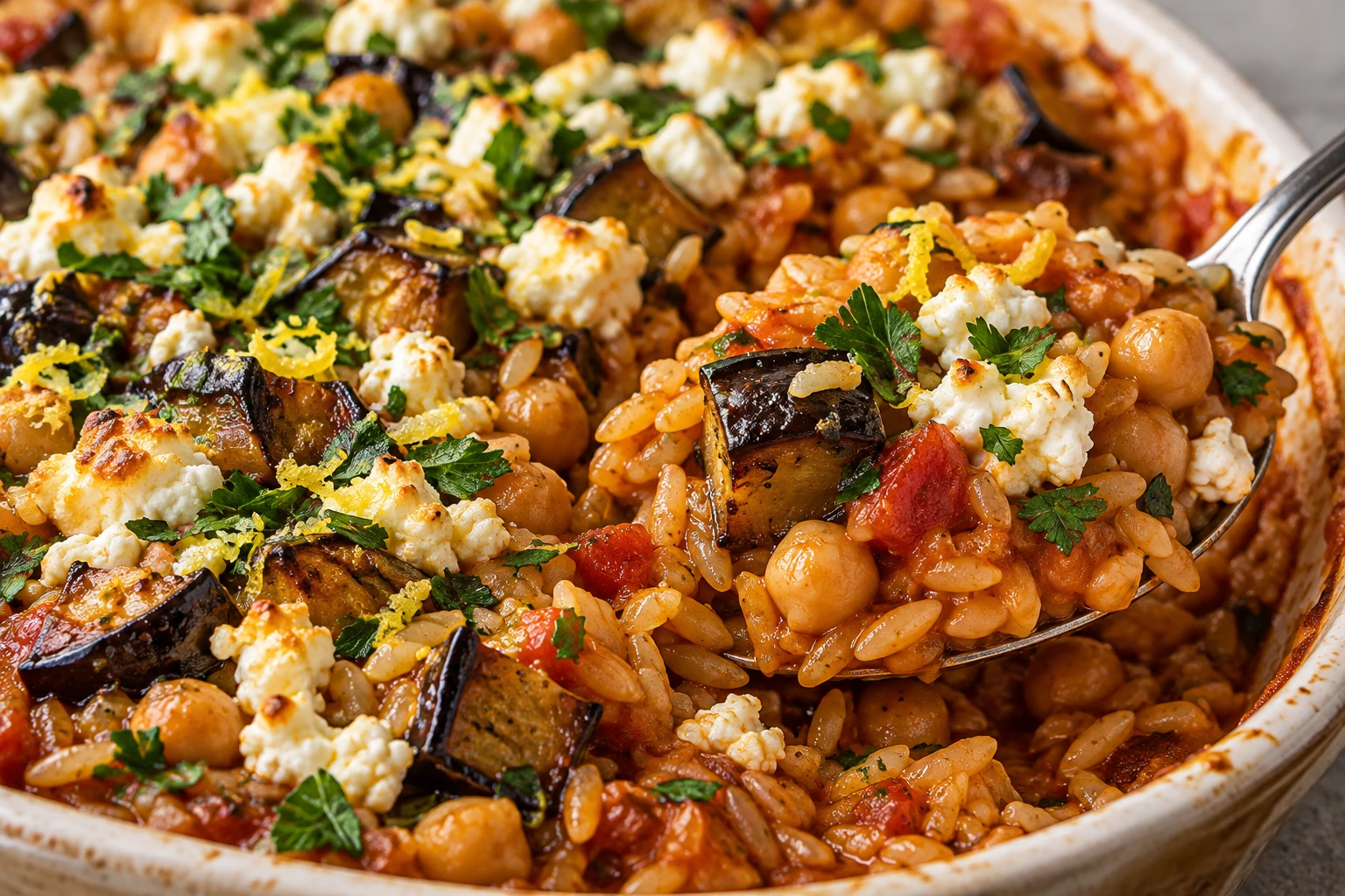 Tender tomato orzo, chickpeas, browned eggplant, feta, and parsley fill a close spoonful.