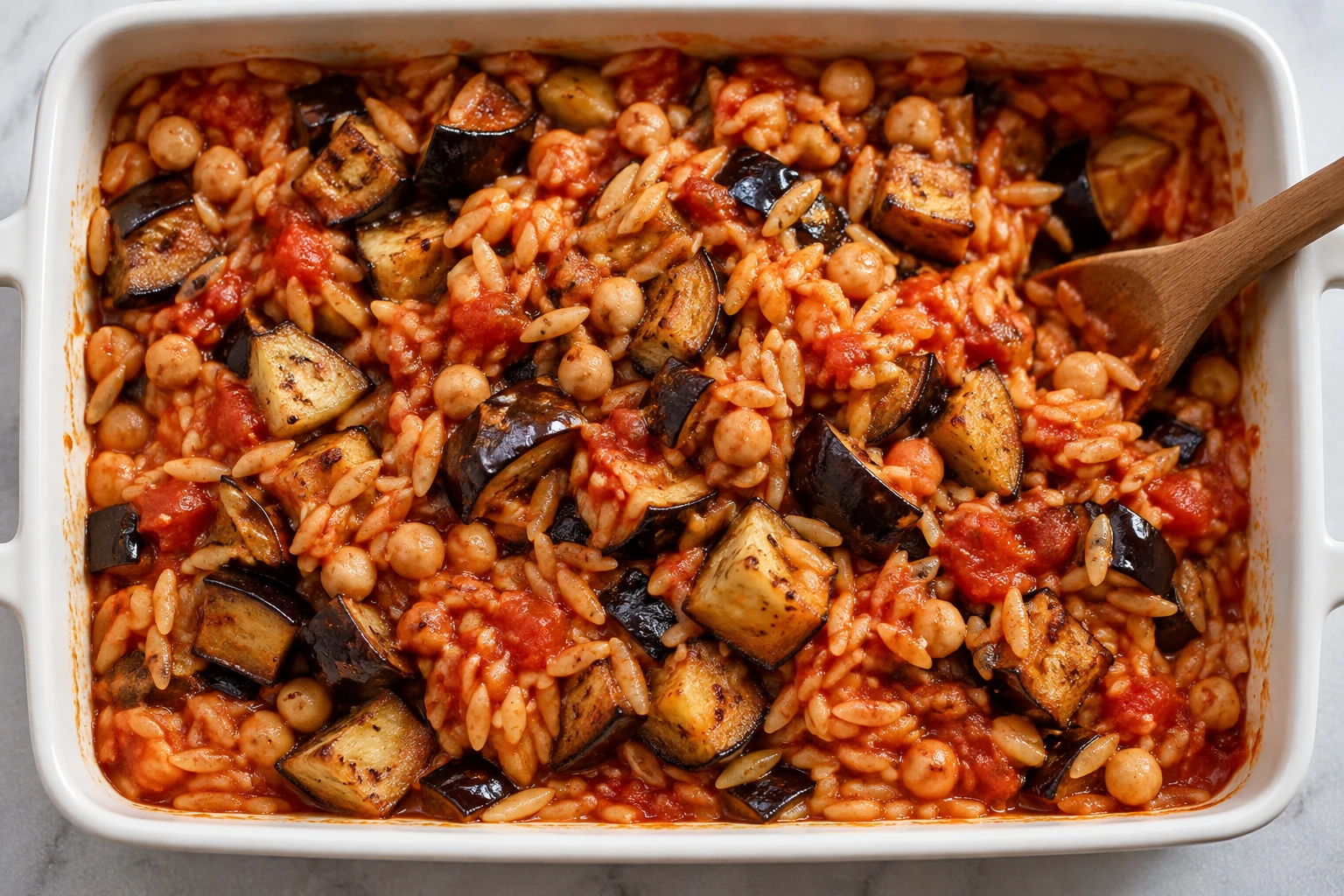 Roasted eggplant is folded through tomato orzo and chickpeas in a baking dish before baking.