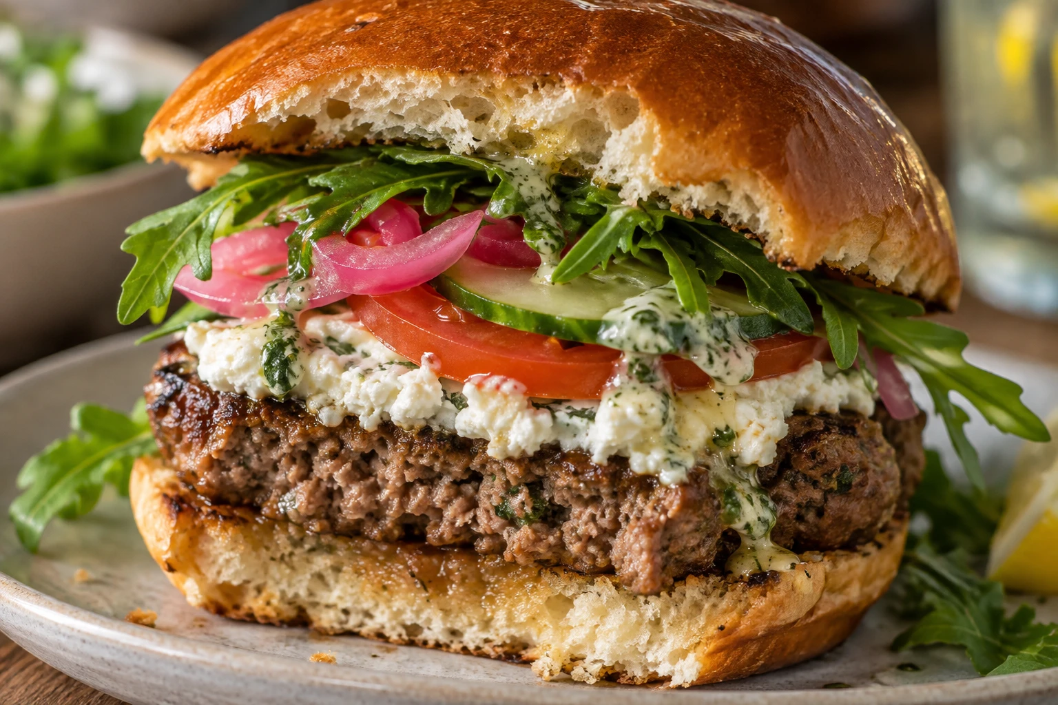 A browned lamb burger reveals its juicy center beneath whipped feta, crisp vegetables, pickled onion, and herb sauce.