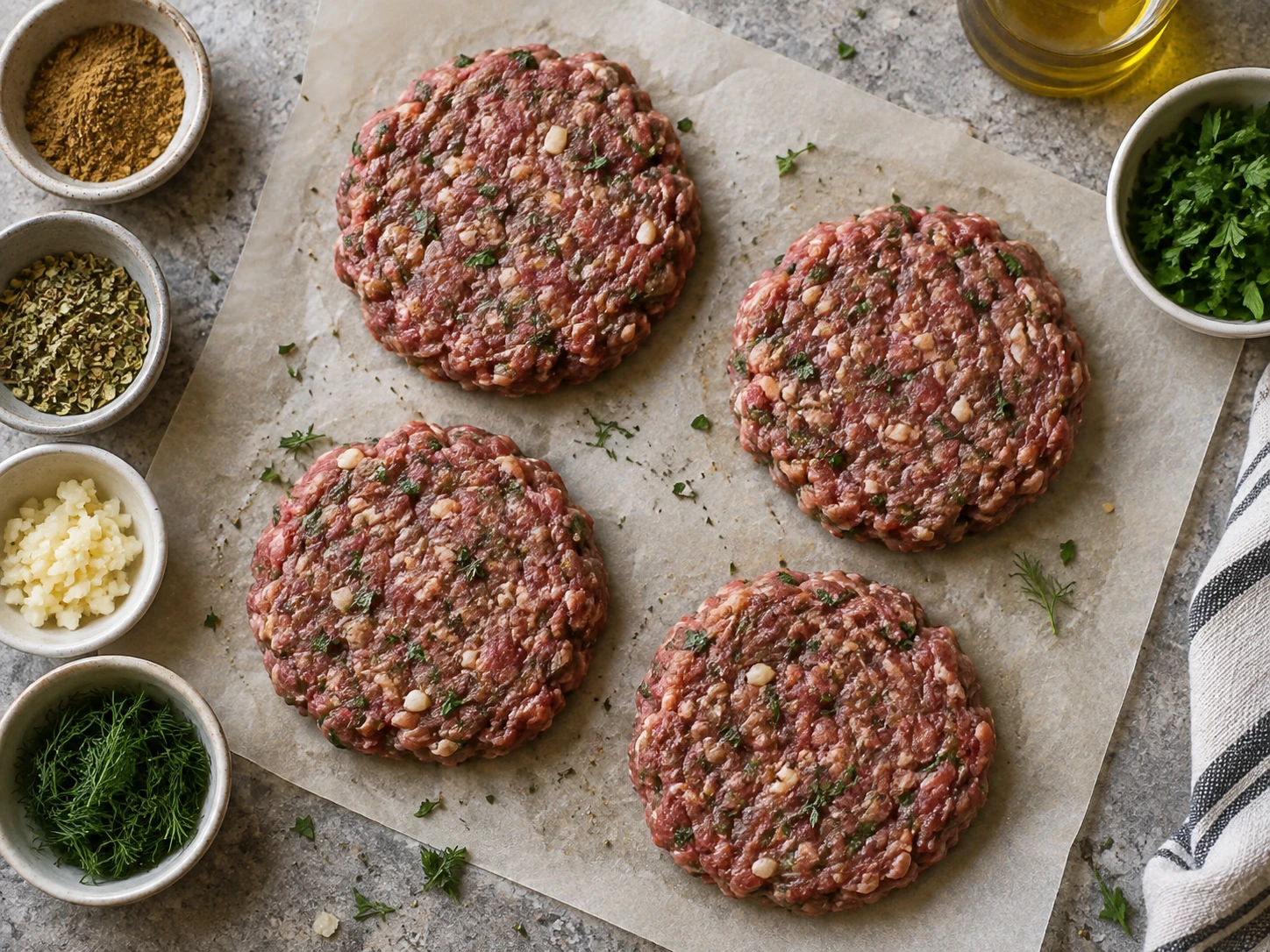 Four loosely formed lamb patties sit beside garlic, cumin, oregano, dill, and parsley before cooking.