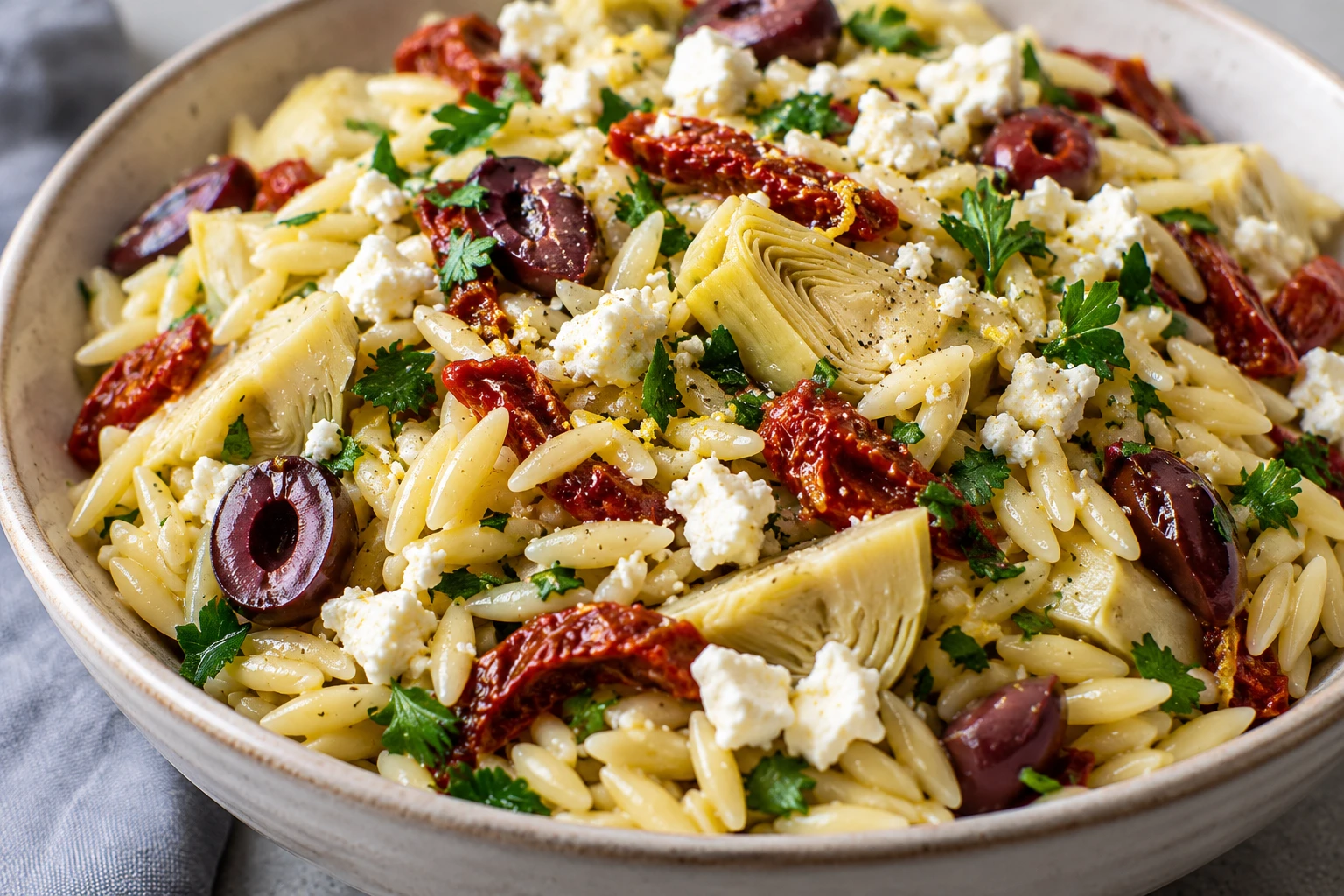 A close view shows glossy orzo, tender artichoke, tomato strips, olives, parsley, and feta crumbles.