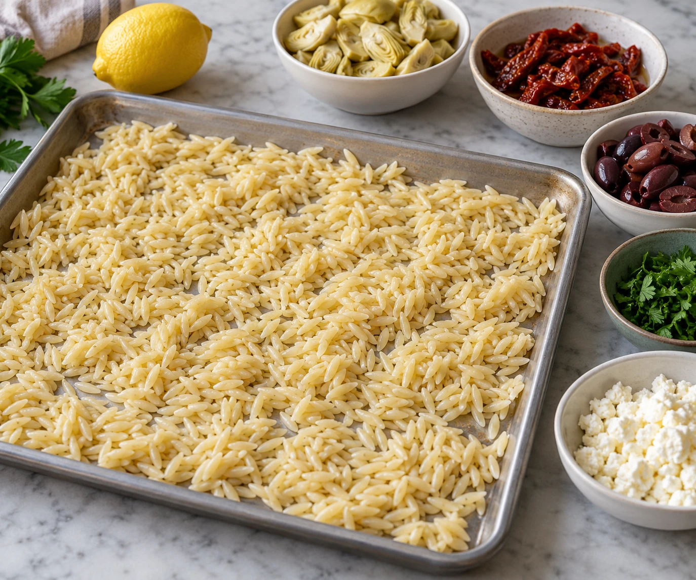 Cooked orzo cools in a thin layer on a tray beside prepared artichokes, tomatoes, and olives.