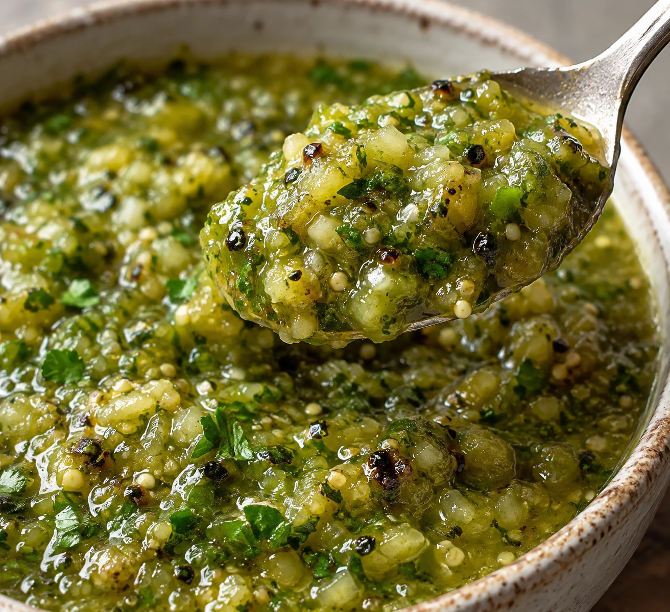 A spoon lifts coarse green salsa with glossy tomatillo pulp, char flecks, and cilantro.