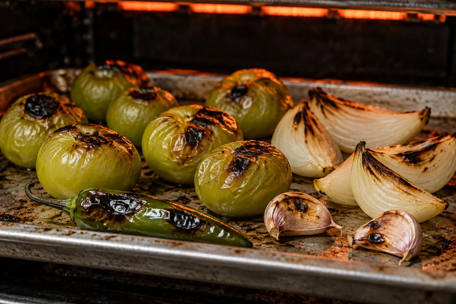 Tomatillos, onion wedges, garlic, and green chile blister on a tray beneath the broiler.