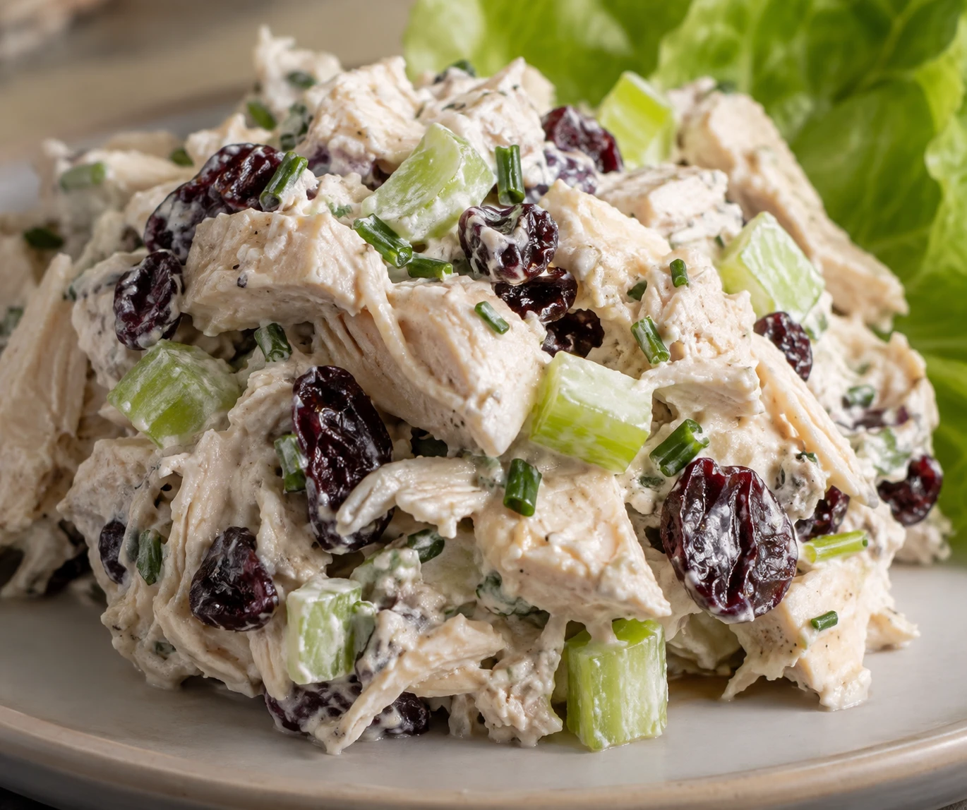 A close scoop shows intact chicken, softened tart cherries, crisp celery, and chives in creamy dressing.