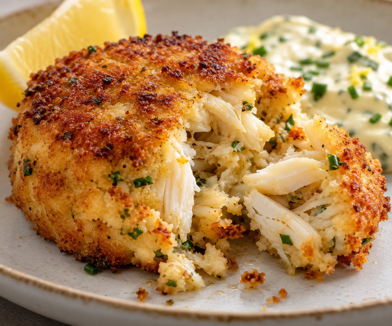A broken-open crab cake shows tender crab pieces beneath its crisp golden crust.